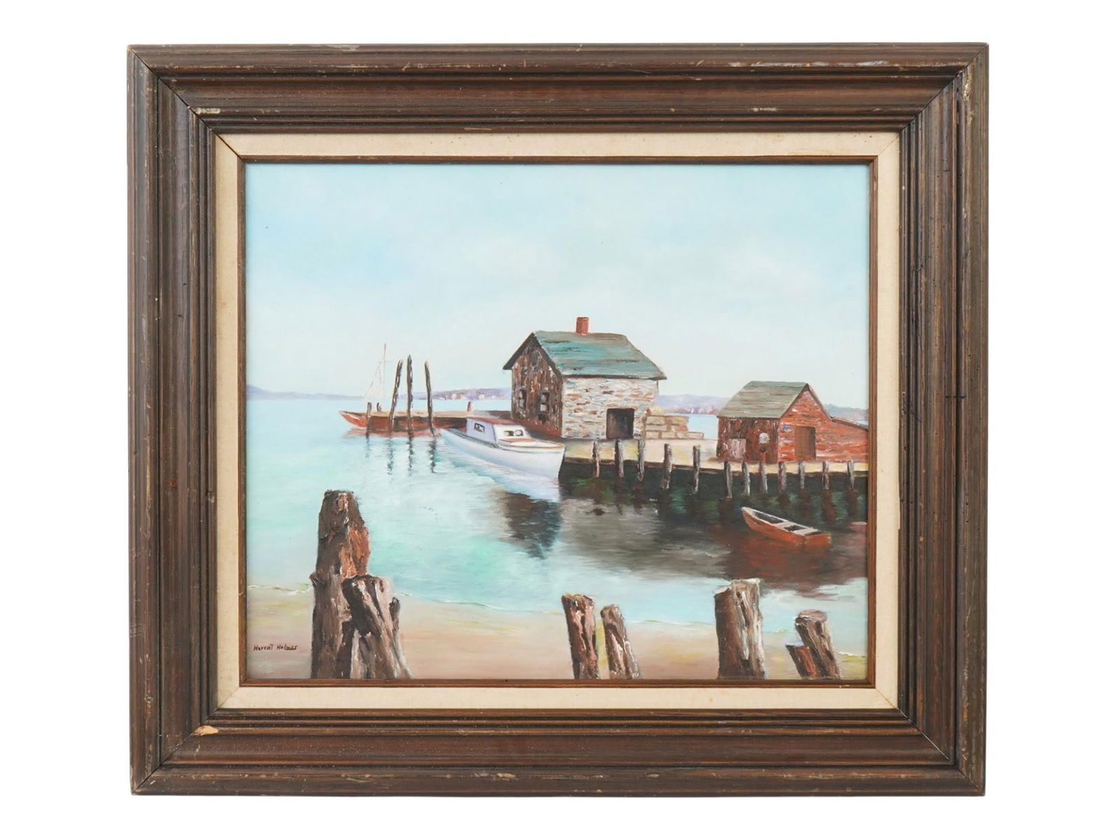 HARRIET HOLMES AMERICAN COASTAL PAINTING EARLY MORNING: Harriet Holmes, American, 1876 to 1967, an oil painting on canvas, titled Early Morning, depicting a coastal scene, signed lower left by the artist and framed. Inscribed on verso. Holmes was known for