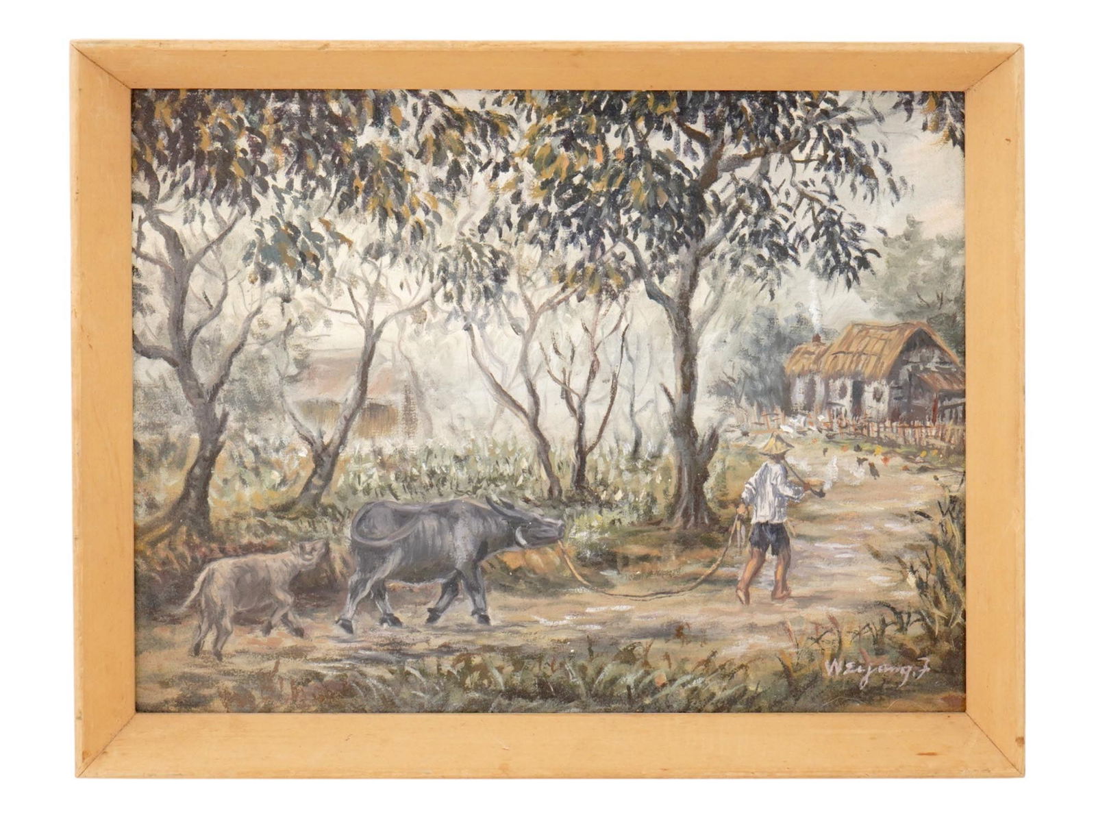MID CENTURY PAINTING SIGNED WEIYANG F. VILLAGE SCENE: A mid-century oil painting on canvas laid on board depicting a village scene, signed Weiyang F. lower right. Additionally inscribed and titled Fog in the Morning on verso, and framed. Mid Century Pain