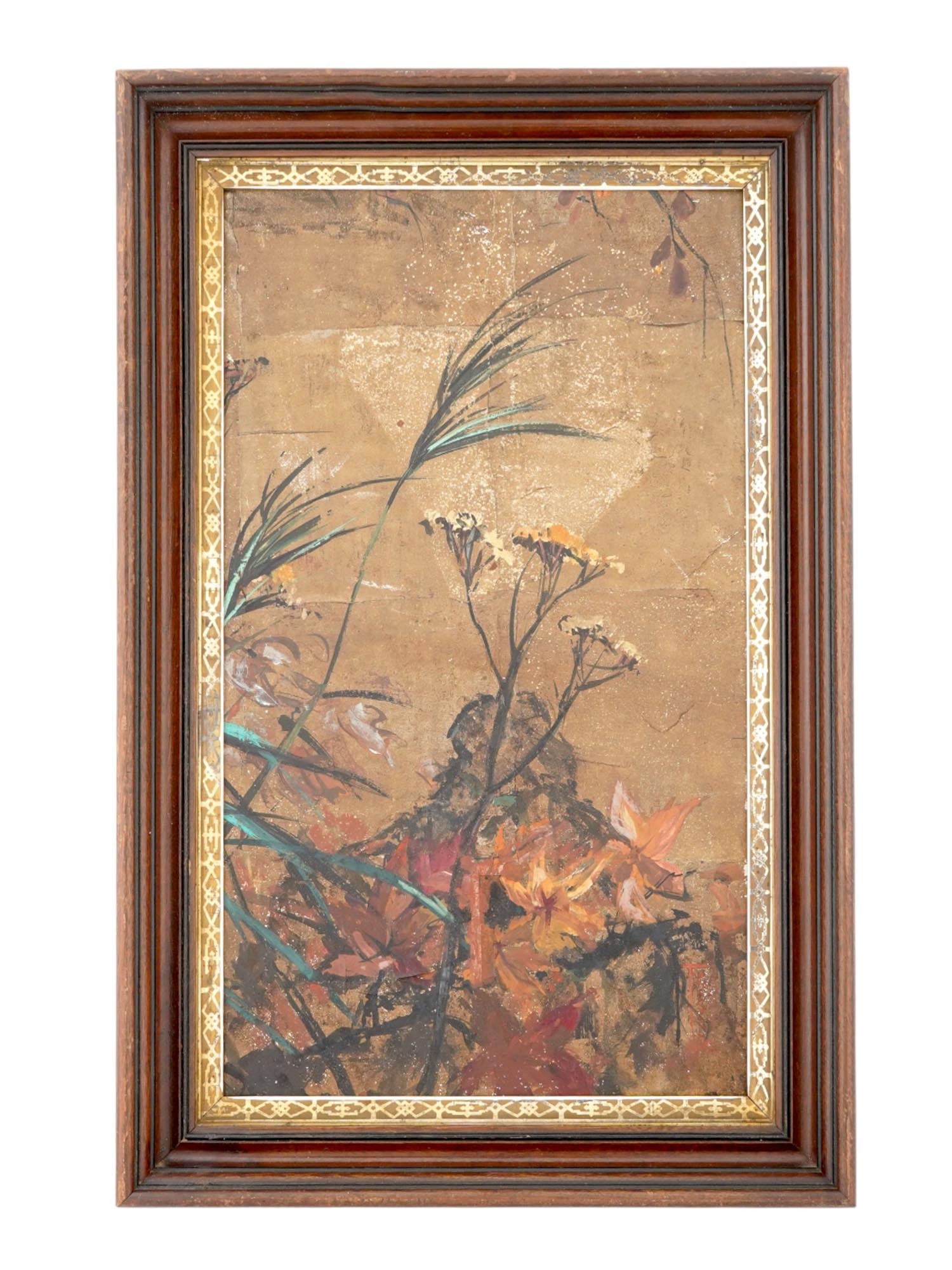 ASIAN MANNER OIL PAINTING SIGNED BY TOWNSEND FRAMED: An oil painting on paper mounted on panel depicting a still life in the Asian manner. Signed by the artist, Townsend, lower right. Framed. Modernist and Contemporary Fine Art, Asian and Oriental Flora