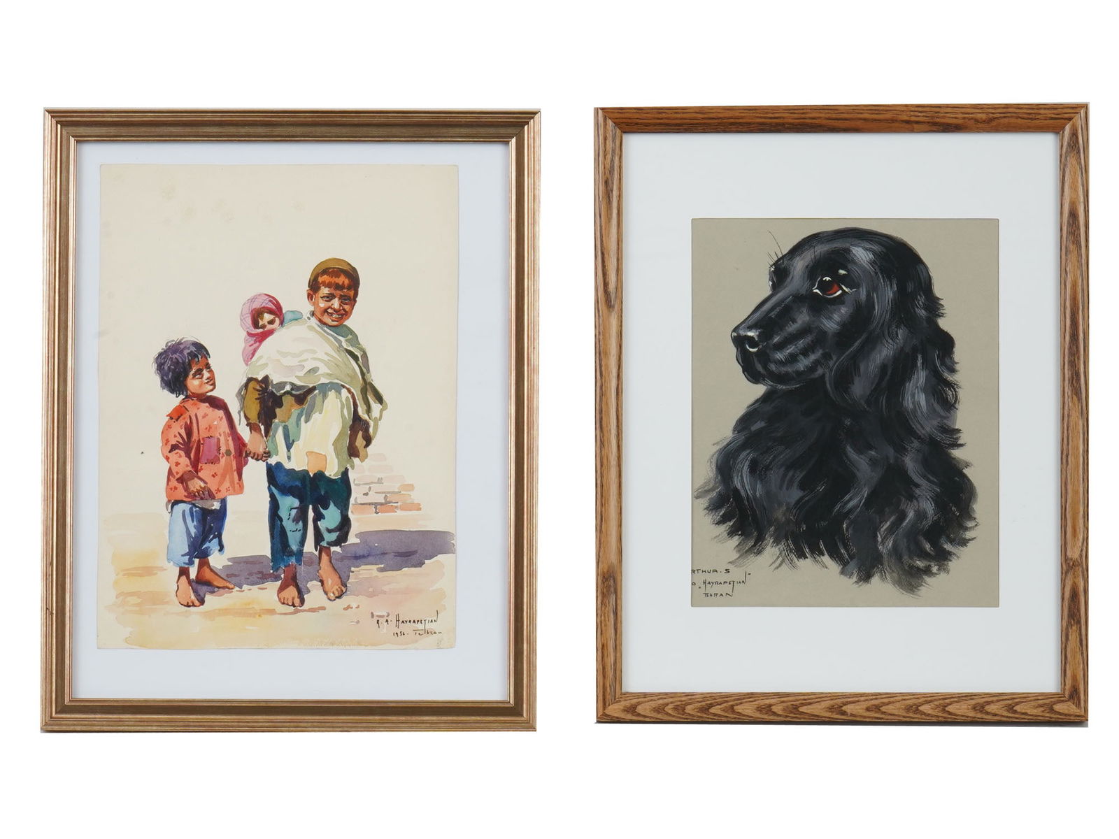 RA HAYRAPETIAN PORTRAIT WATERCOLOR PAINTINGS: A pair of watercolor on paper paintings by R.A. Avak Hayrapetian, 1926 to 2008, an Armenian-Iranian artist. He was a founder of Studio Demon, a small atelier supporting painters through the production