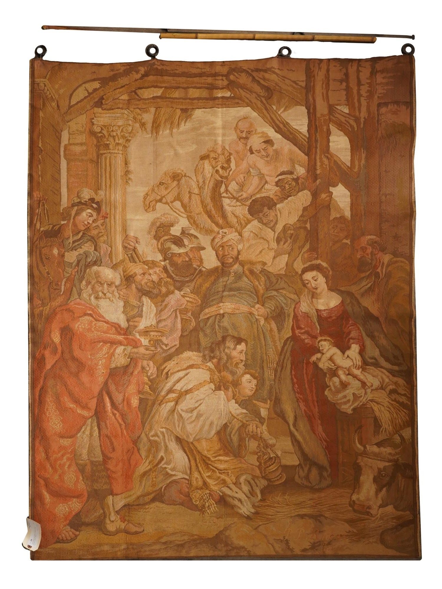 EXTRA LARGE ADORATION OF MAGI TAPESTRY AFTER RUBENS: An extra large vintage handcrafted tapestry depicting a remarkable piece of textile art, the Adoration of the Magi after Peter Paul Rubens. The artwork is a multi figure genre scene with the Virgin Ma
