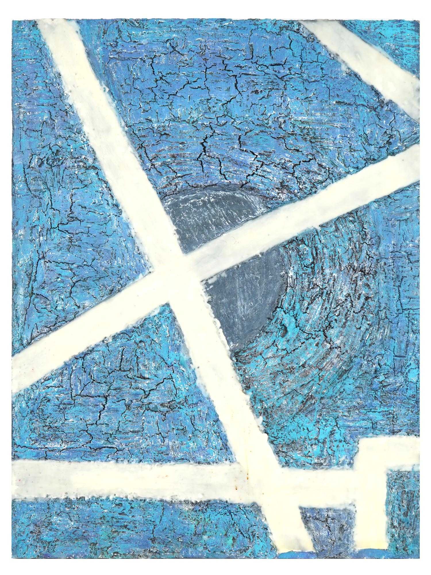 AMERICAN ABSTRACT PAINTING BY D.M. WILDING MIXED MEDIA: A contemporary American abstract mixed media artwork on board, incorporating cement, oil paint, pigments, marble dust, and encaustic. Signed on the back D.M. Wilding, titled In the Blu, and dated 2015
