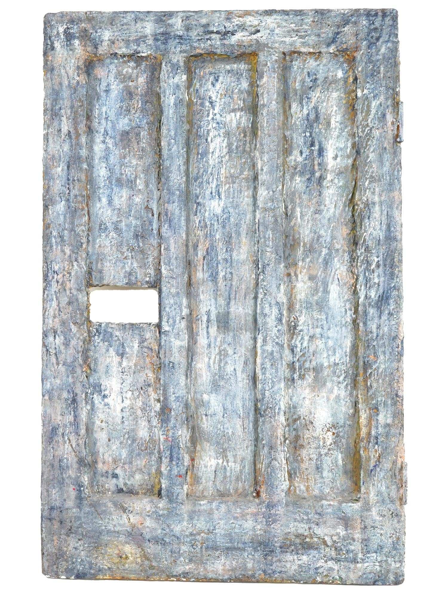 AMERICAN ARTWORK BY D.M. WILDING LIGHT AFTER THE STORM: A contemporary American abstract mixed media artwork on an antique door, incorporating cement, oil paint, pigments, marble dust, and encausic. Signed on the back D.M. Wilding, titled Light after the S