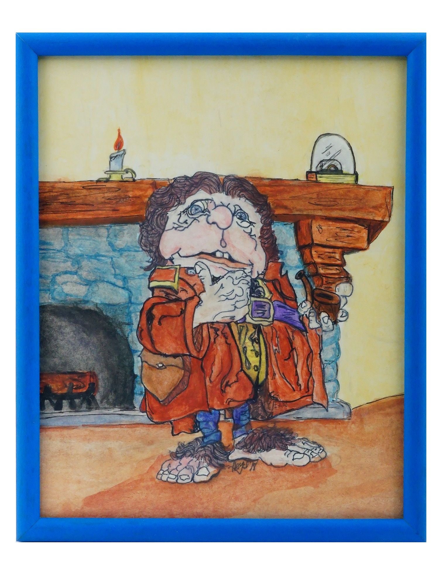 VTG PAINTING THE HOBBIT AFTER 1977 ANIMATED ADAPTATION: A vintage painting on paper depicting a hobbit, after the illustration from the original animated adaptation of THE HOBBIT from 1977, created by Rankin and Bass and animated by Topcraft, a precursor t