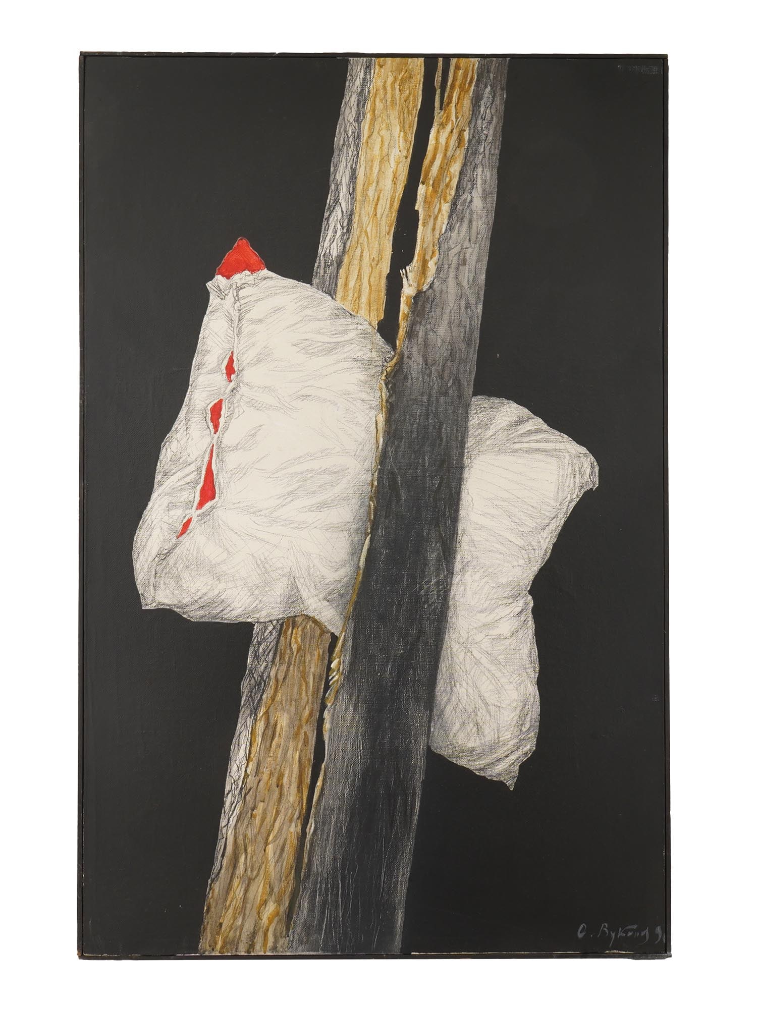 OLEG ALEXANDROVICH VOUKOLOV RUSSIAN OIL PAINTING: Oleg Alexandrovich Voukolov, Russian, born 1933, an oil painting on canvas. The composition features a large, white pillow wedged between a tree. Signed lower right. Oleg Alexandrovich Voukolov a Sovi