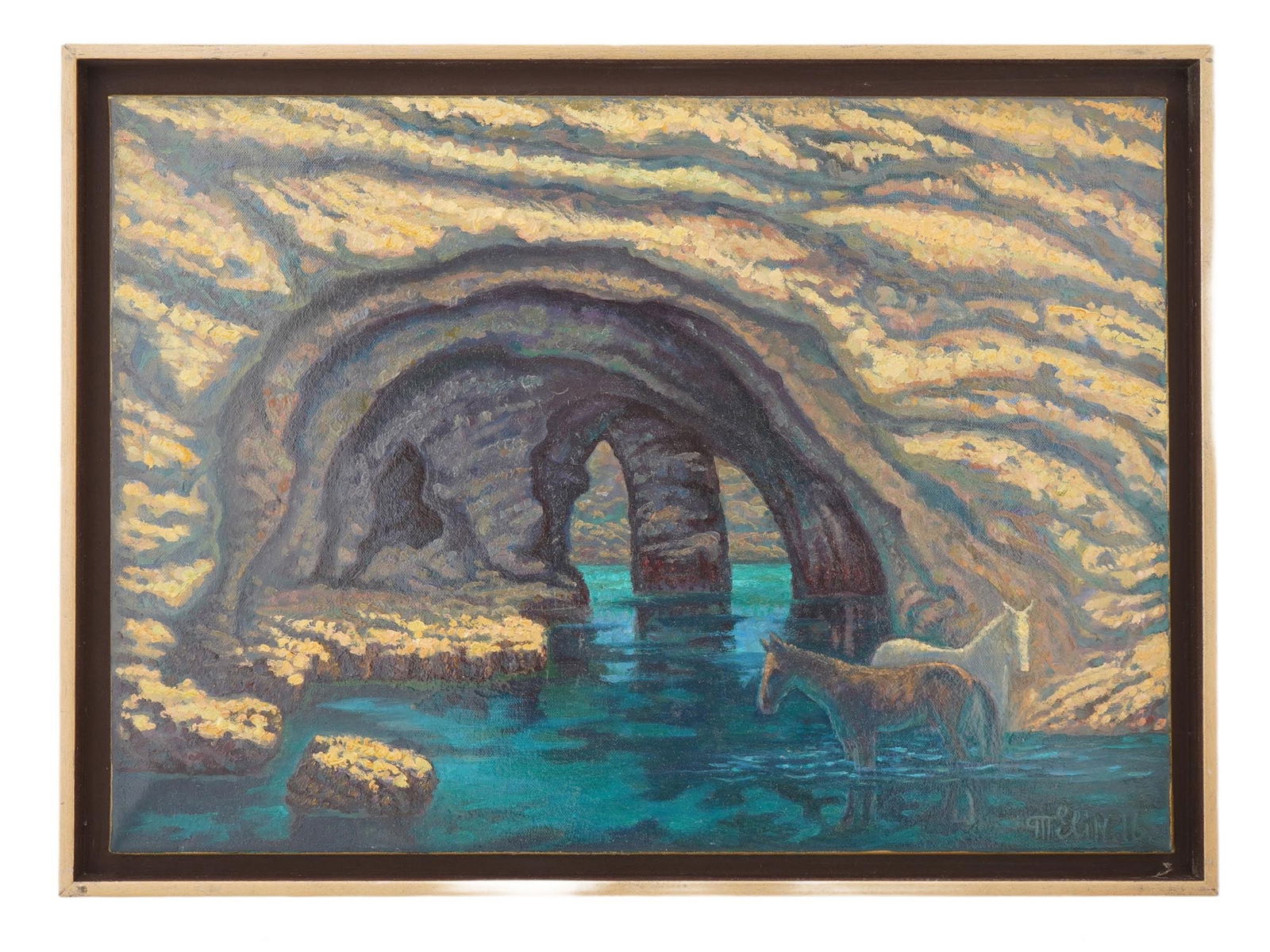RUSSIAN PAINTING BY ALEXANDER TELIN SECRET PLACE 2016: Alexander Telin, Russian, born 1966, an oil painting on canvas depicting horses in a seaside cave. Signed lower right. Inscribed on verso Secret Place and dated 2016. The composition reflects the arti