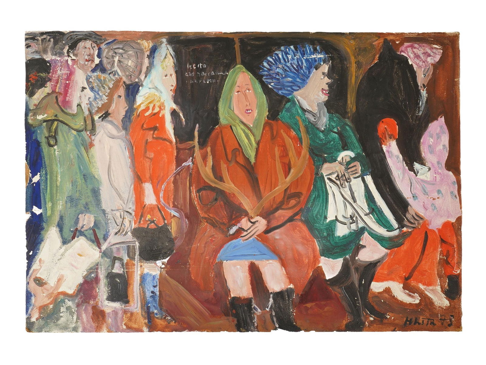 NATTA IVANOVNA KONYSHEVA RUSSIAN GENRE OIL PAINTING: Natta Ivanovna Konysheva, Russian, 1935 to 2022, an oil painting on canvas, depicting a multi-figure genre scene characteristic of the artist, depicting passengers on public transport. Signed lower ri
