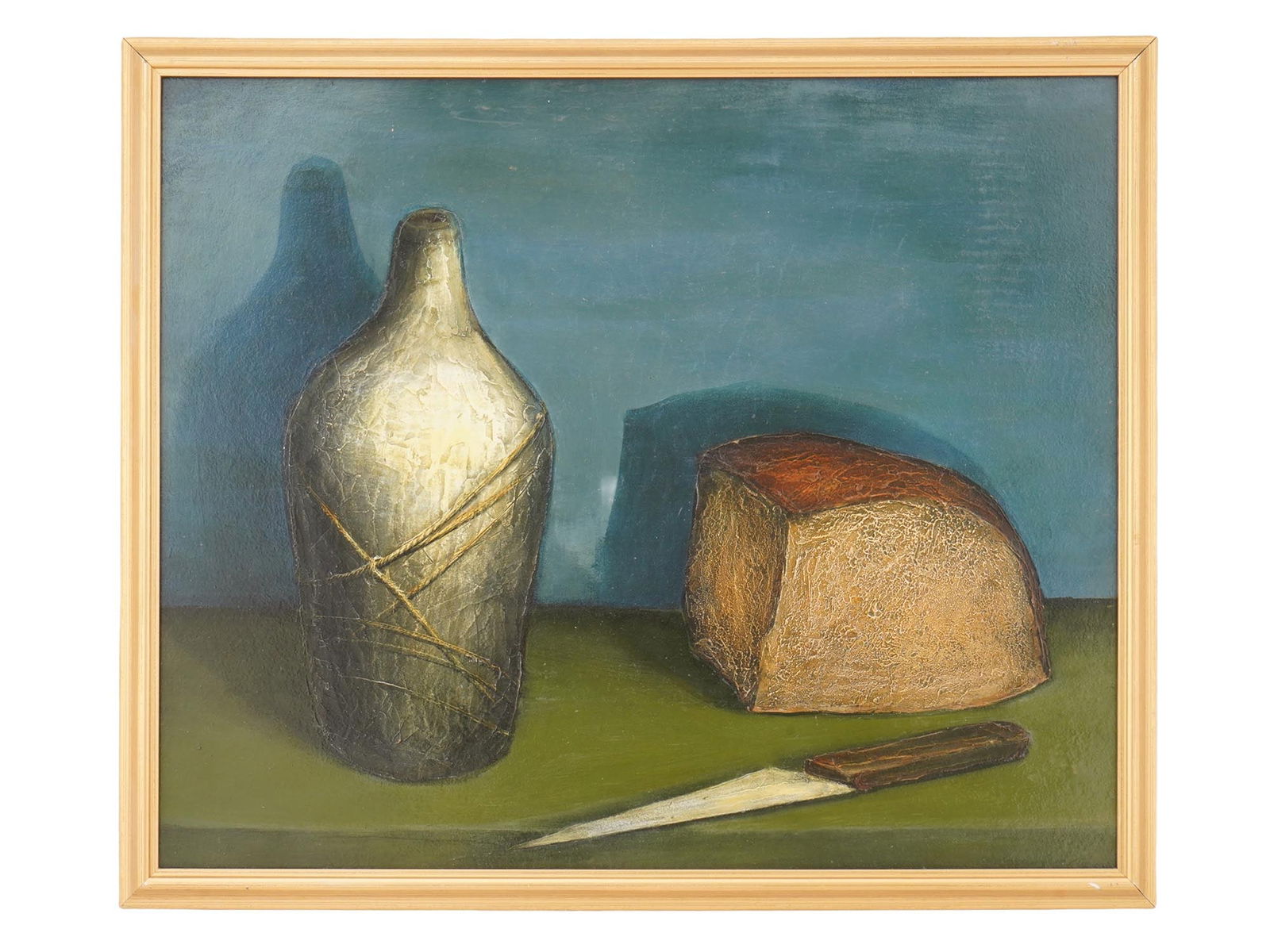 SERGEY SERGEEV RUSSIAN STILL LIFE OIL PAINTING: Sergey Sergeev, Russian, born 1953, an oil on board still life painting. The painting features three primary objects arranged on a green surface: a textured bottle wrapped in twine, a crusty loaf of b