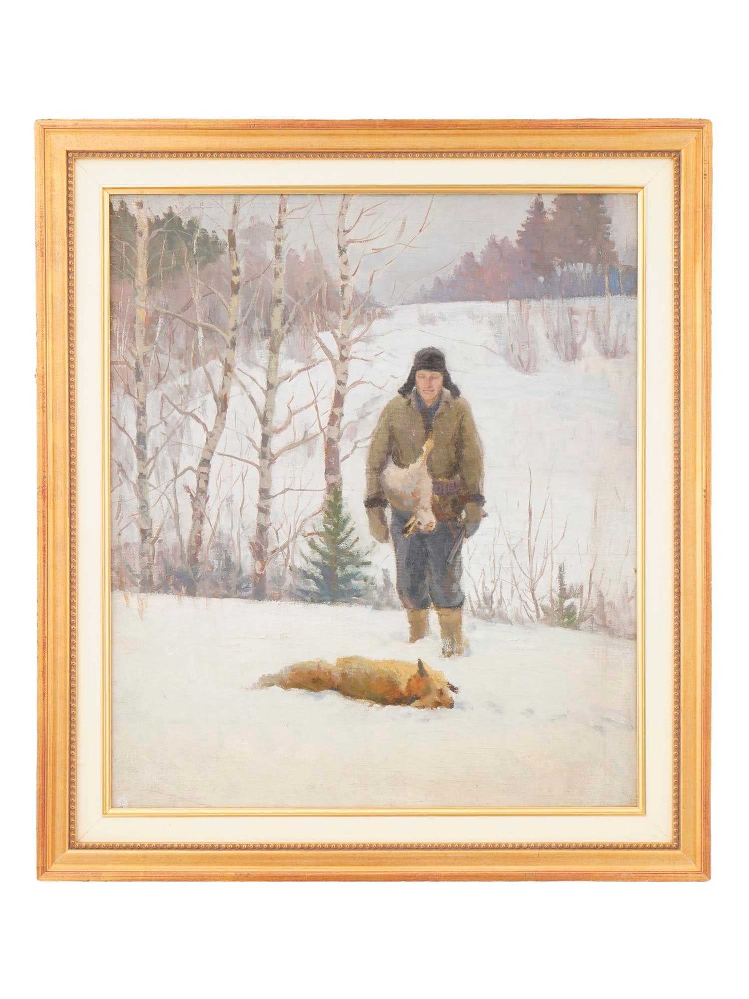 DVOSKIN DAVID ZALMANOVICH RUSSIAN OIL PAINTING HUNTER: Dvoskin David Zalmanovich, Russian, 1912 to 1985, an oil painting on canvas. Titled The Hunter, dated 1950. Hand inscribed on the back side. Bear stamps for permission to export the painting from the