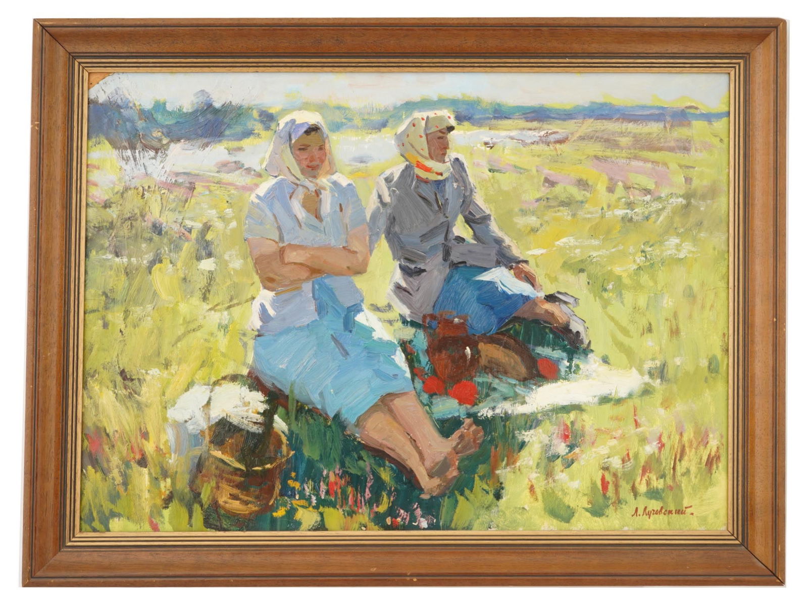 LEONID LUCHEVSKY RUSSIAN OIL PAINTING THE REST: Leonid Luchevsky, Russian, 1929 to 2000, an oil painting on board titled The Rest, depicting two women seated in a field during a quiet moment of repose. Signed lower right by the artist. Framed. Insc