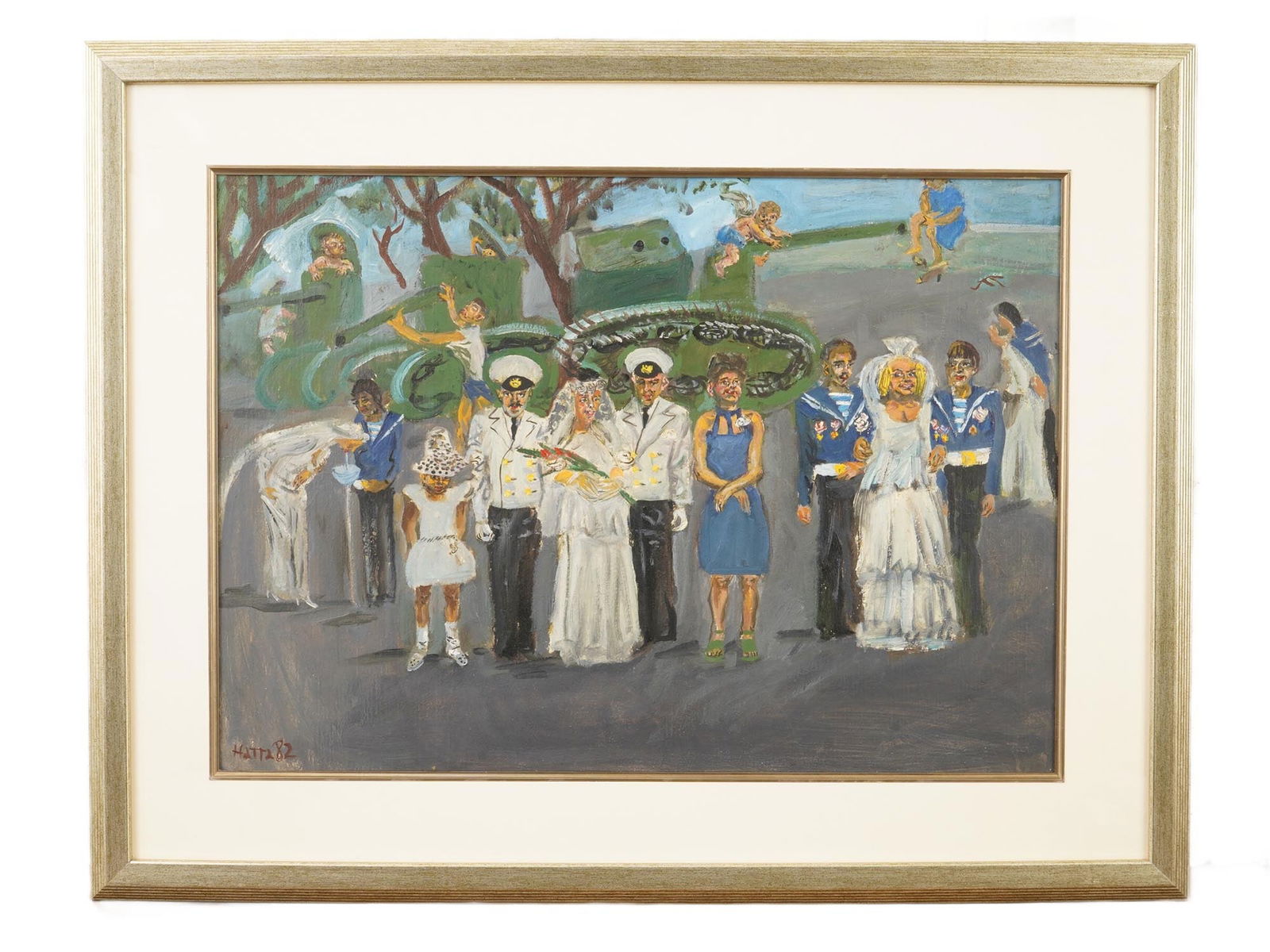 NATTA KONYSHEVA RUSSIAN PAINTING WEDDING SCENE 1982: Natta Konysheva, Russian, 1935 to 2022, an oil on board painting depicting a wedding scene. Signed lower left and dated 1982. Konysheva was a prominent Russian painter born in Moscow, graduating from