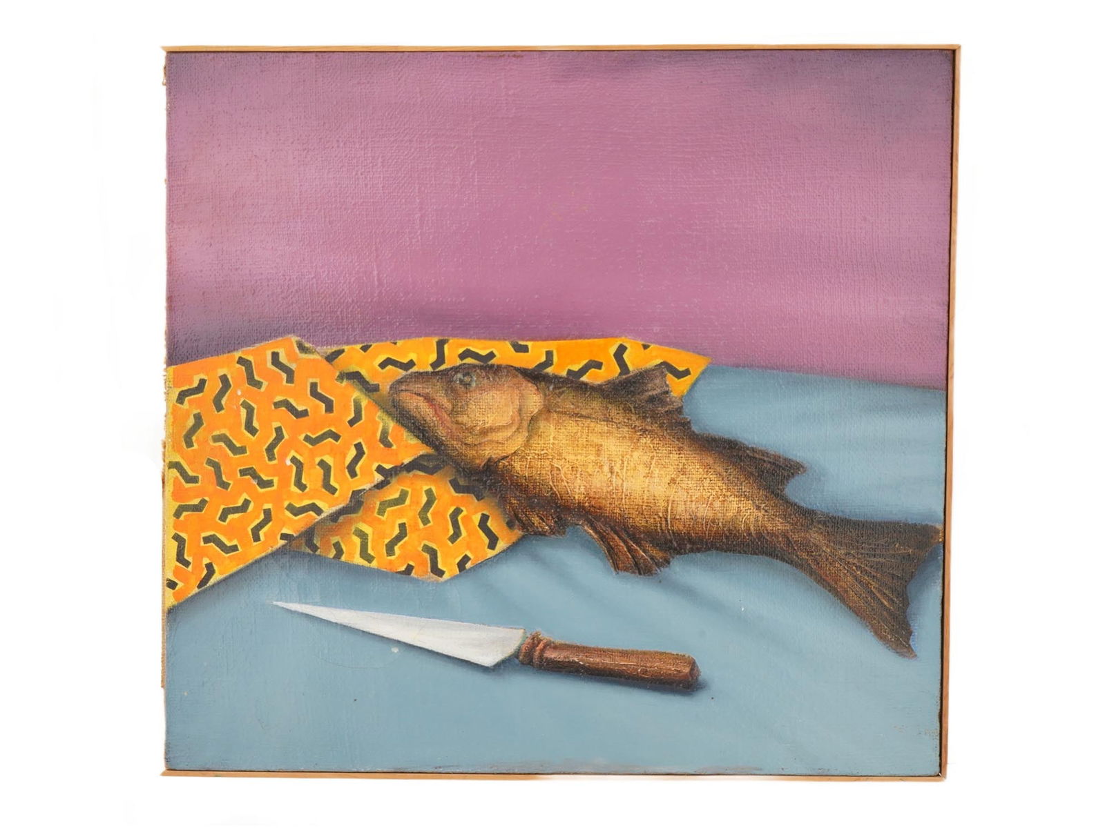 SERGEY SERGEYEV RUSSIAN PAINTING STILL LIFE FISH KNIFE: Sergey Sergeyev, Russian, born 1953, an oil painting on canvas depicting a still life composition with a fish and knife. Inscribed on verso and dated 1988. Sergey Sergeyev is a prominent Russian nonco