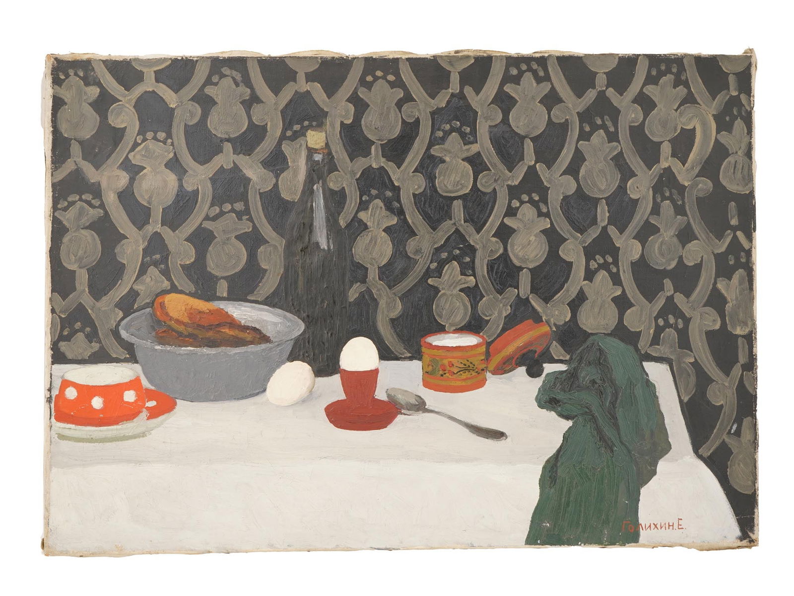 RUSSIAN STILL LIFE PAINTING BY EVGENI GOLIKHIN: Evgeni Golikhin, Russian, 1926 to 2009, an oil painting on canvas depicting a still life composition, signed lower right. Additionally inscribed at the label on verso. Evgeni Golikhin was known for hi