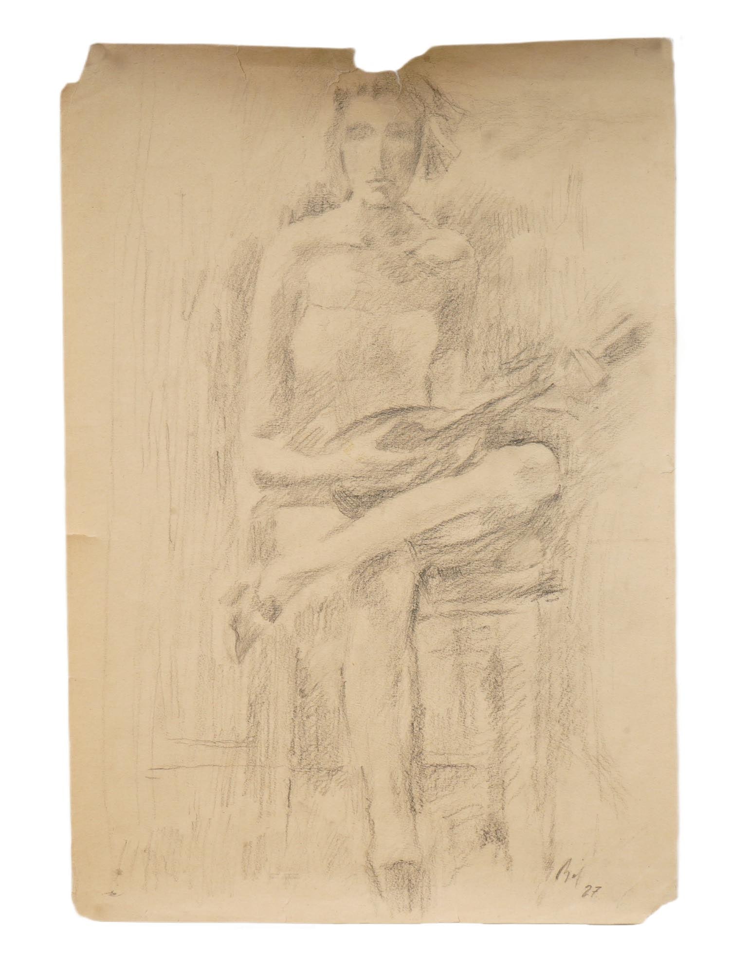 RUSSIAN PENCIL PAINTING SIGNED VLADIMIR LEBEDEV: A pencil painting on paper depicting a portrait of a seated woman holding a musical instrument in her hands. Sifned with initials, VL, and dated 27, lower right. Vladimir Vasilyevich Lebedev, Russian,