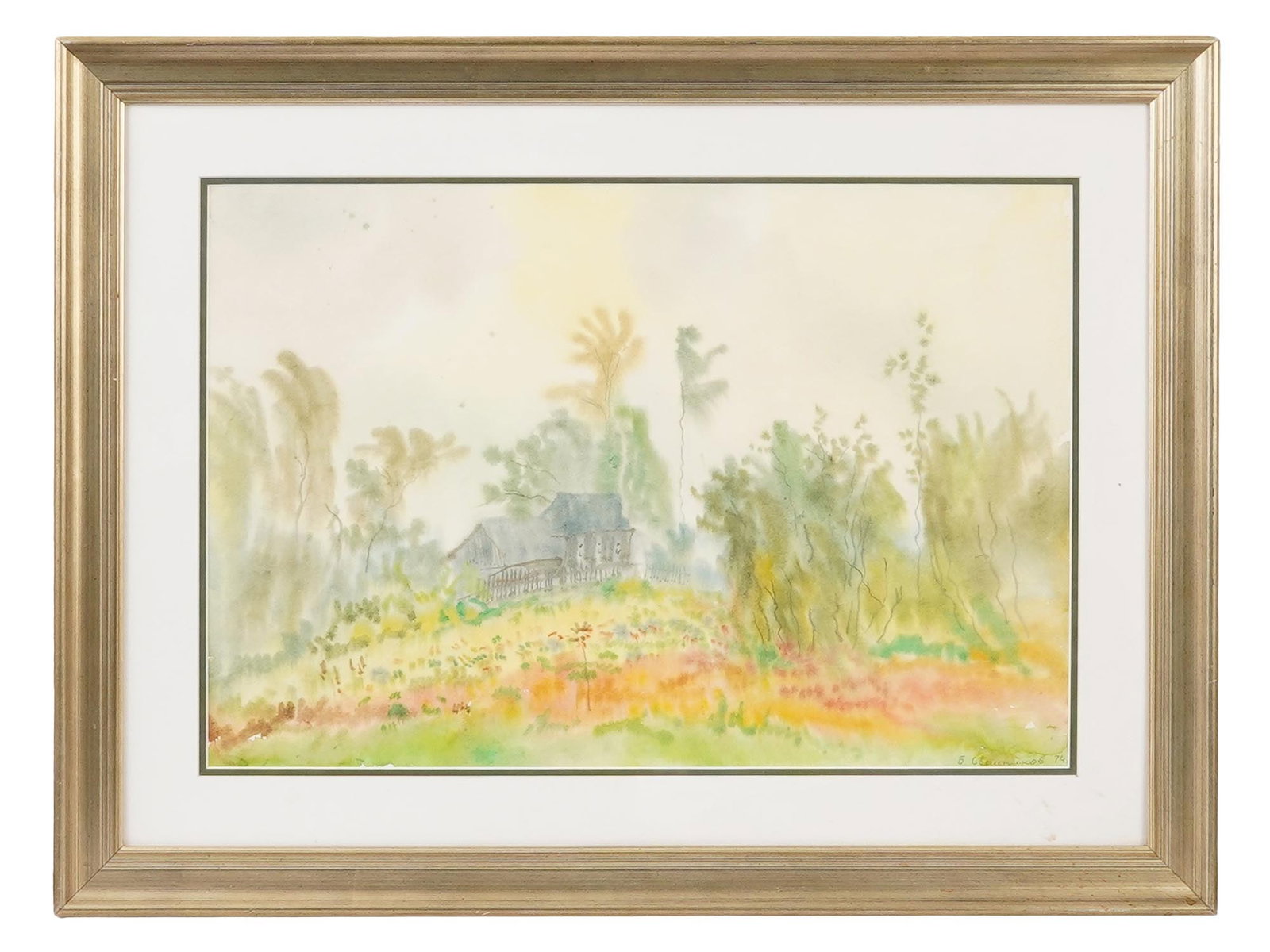RUSSIAN PAINTING BY BORIS SVESHNIKOV VILLAGE SCENE: Boris Sveshnikov, Russian, 1927 to 1998, a watercolor painting on paper depicting a village scene. Signed lower right and dated 1974. Framed. A member of the postwar generation of Russian underground