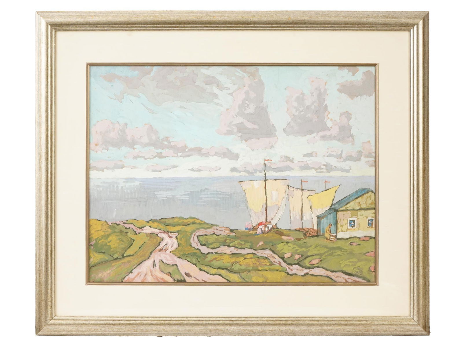 STAS BLINOV RUSSIAN LANDSCAPE WATERCOLOR PAINTING: Stas Blinov, Russian, born 1946, watercolor on paper painting. Landscape with sailing ships by the river bank. Signed and dated 1989 in the lower right. Matted and framed. Provenance: Collection of Ma