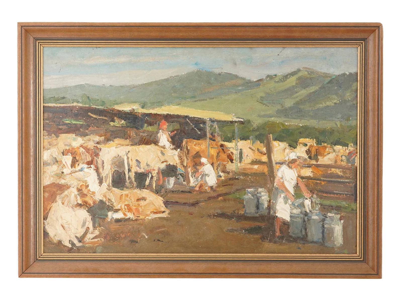 IGOR RUBINSKY RUSSIAN SOVIET ERA GENRE OIL PAINTING: Igor Rubinsky, Russian, 1919 to 1996, oil on board painting. A sketch for a genre painting, milking cows on a collective farm. Signed on the backside. Titled Milking Cows. Undated. Framed. Provenance: