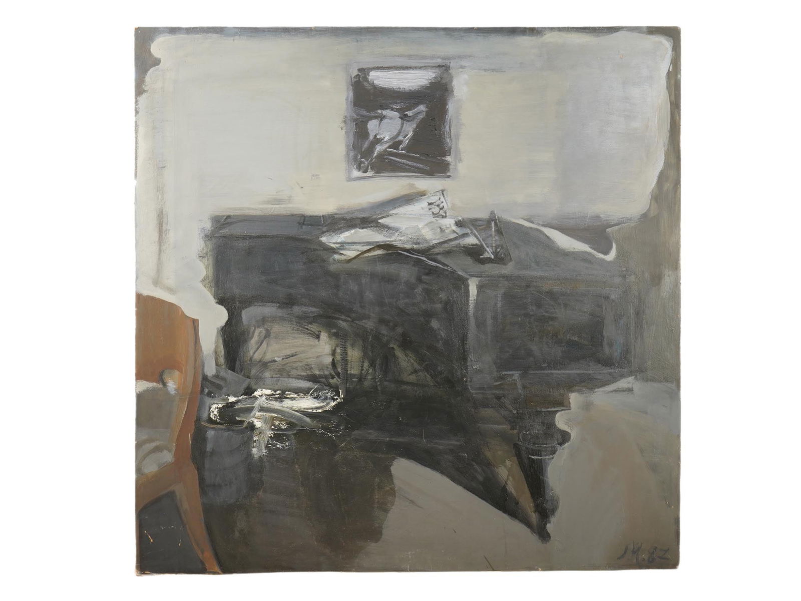 IVARS HEINRIHSONS LATVIAN ABSTRACT OIL PAINTING: Ivars Heinrihsons, Latvian, born 1945, an abstract oil painting on board, titled The Black Piano. Signed lower right, dated 87. Bears a paper label from the Art Salon for The Export of the USSR, hand