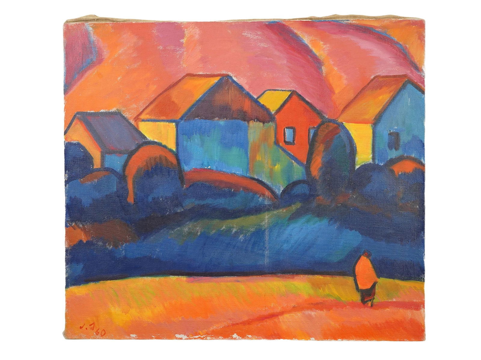 ALEXANDER BANDZELADZE GEORGIAN LANDSCAPE OIL PAINTING: Alexander Bandzeladze, Georgian, 1927 to 1992, a? oil painting, depicting a rural landscape with colorful houses. In the foreground, there is a silhouette of a lone human figure in orange clothes. Sig
