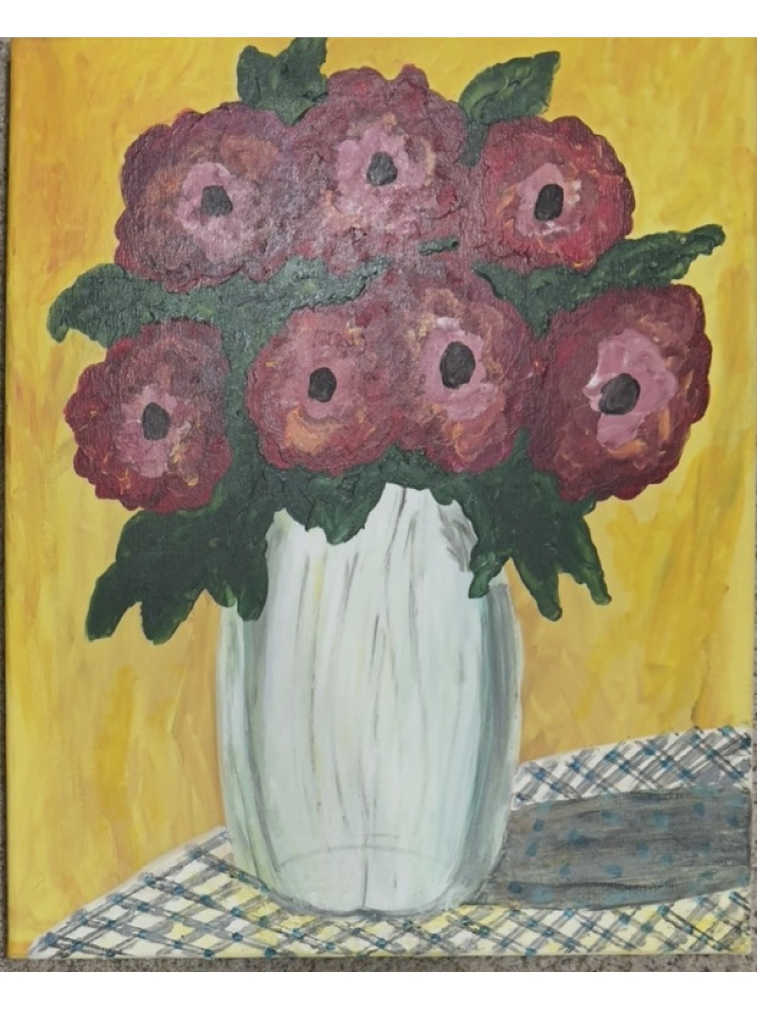 MANNER OF DAVID HOCKNEY FLOWERS IN WHITE VASE 1996: Acrylic on canvas composition titled Flowers in a white vase, depicting a bouquet of red and pink blooms in a white vessel against a vibrant yellow background. The verso bears a signature reading "Dav