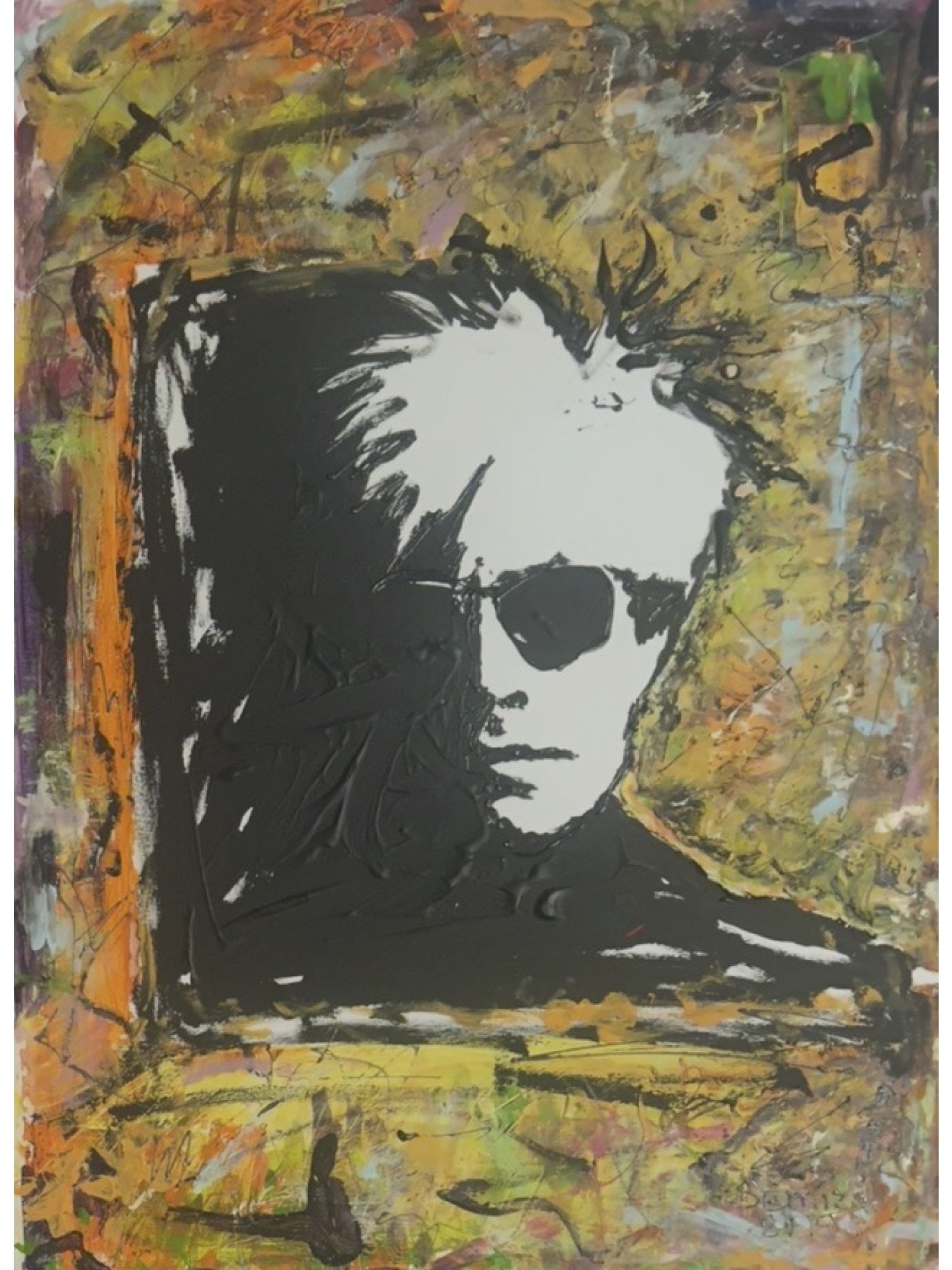 IRYNA FEDORENKO SEMIRA MY ANDY ACRYLIC PAINTING 2019: Acrylic on board composition titled My Andy (Moy Endi), depicting a stylized, high-contrast portrait of pop icon Andy Warhol set against an expressive, multicolored impasto background. The work is sig