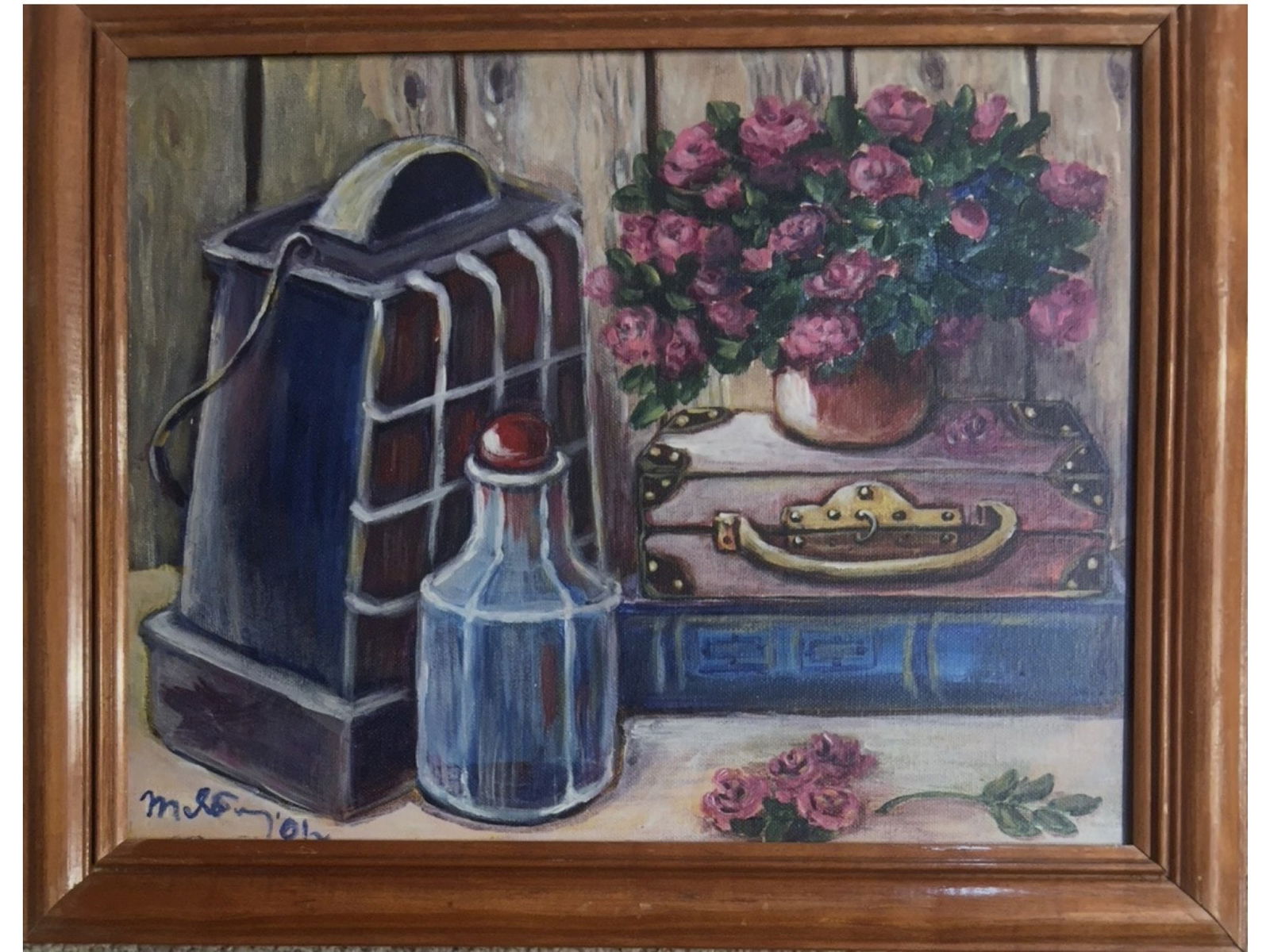 ATTR TO TATYANA YABLONSKAYA STILL LIFE PAINTING 2001: An oil on canvas board still life painting depicting a collection of personal objects including a kerosene lantern, glass decanter, vintage suitcase, and a vase of pink roses. The work is signed in Cy