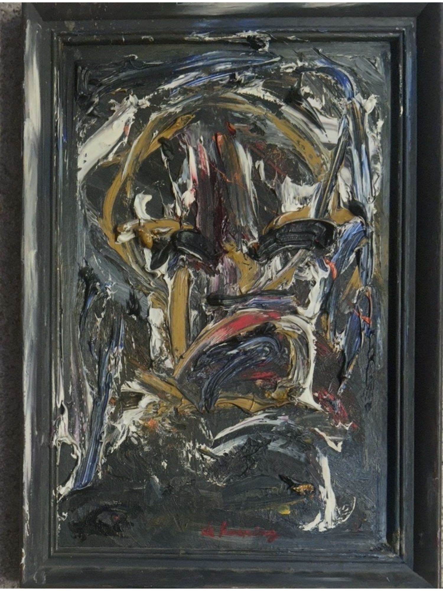 SIGNED WILLEM DE KOONING MANNER OF ABSTRACT HEAD 1990: This oil on board painting, executed in the manner of Willem de Kooning (Dutch-American, 1904–1997), depicts a distorted, expressionist visage rendered with thick, aggressive impasto in tones of cha