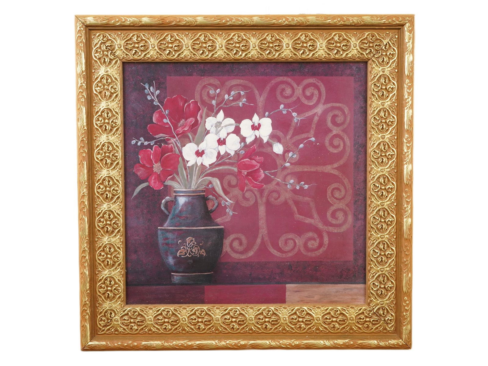 MODERN MIXED MEDIA FLORAL STILL LIFE PAINTING: A modern mixed media floral painting on board depicting a vase filled with flowers. Framed. Provenance: Collection of Margo Grant, Director of MORA Museum of Russian Art. Still Life Paintings And Art