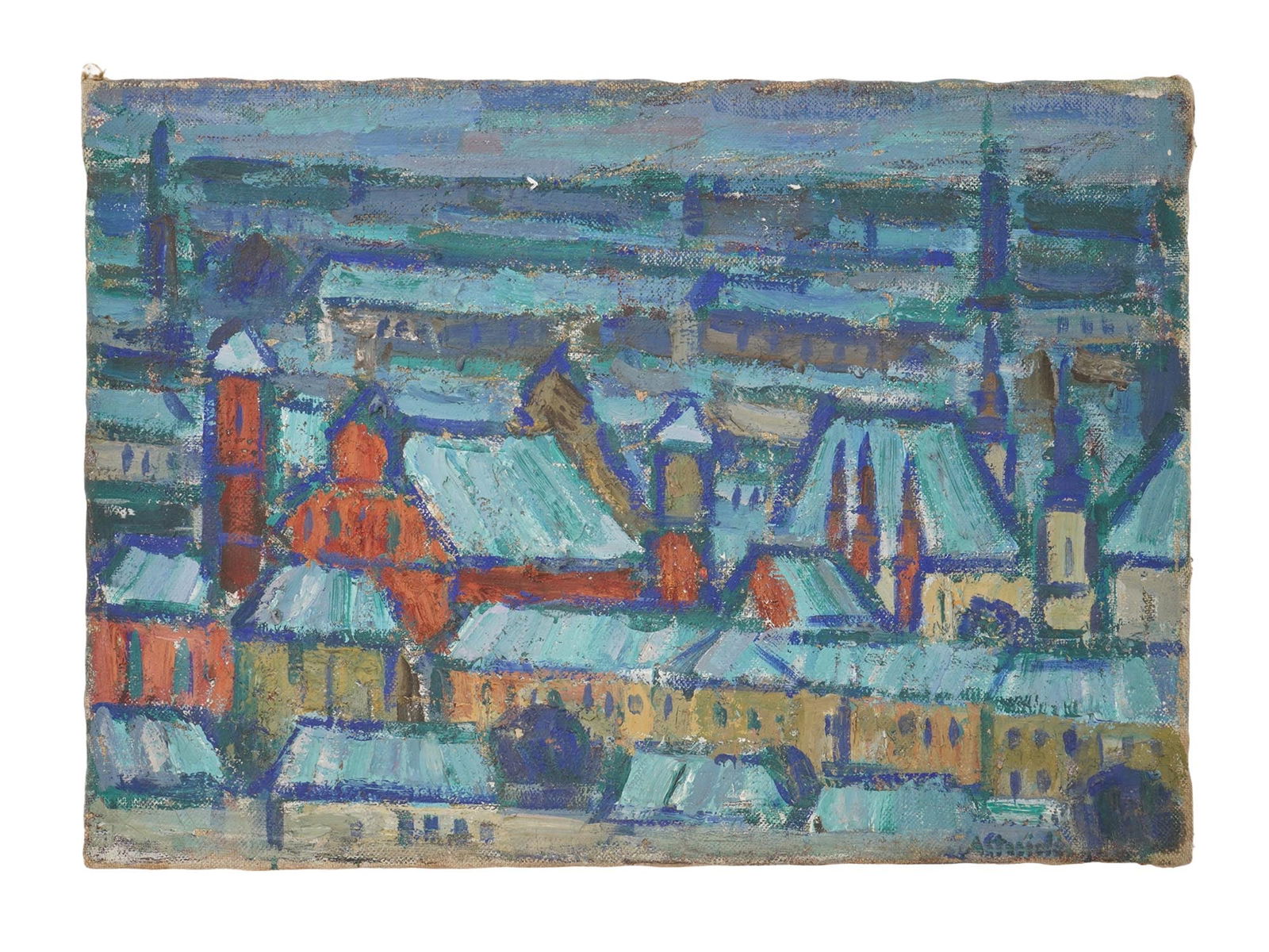 CITYSCAPE PAINTING OF URBAN ARCHITECTURAL VIEW: An oil cityscape painting on canvas, signed illegibly lower right, depicting an urban architectural view rendered in a traditional painterly style. Provenance: Collection of Margo Grant, Director of M