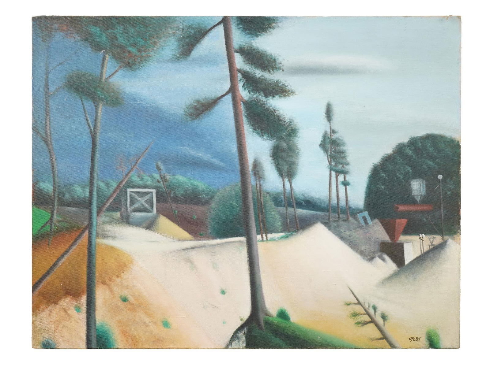 CONTEMPORARY LATVIAN OIL PAINTING BY VIJA MALDUPE: Vija Maldupe, Latvian, 1947 to 1996, an oil painting on canvas, Storm, 1985. Signed with monogram and dated 85, lower right. Additionally inscribed, titled, and dated, on the backside. A paper label o