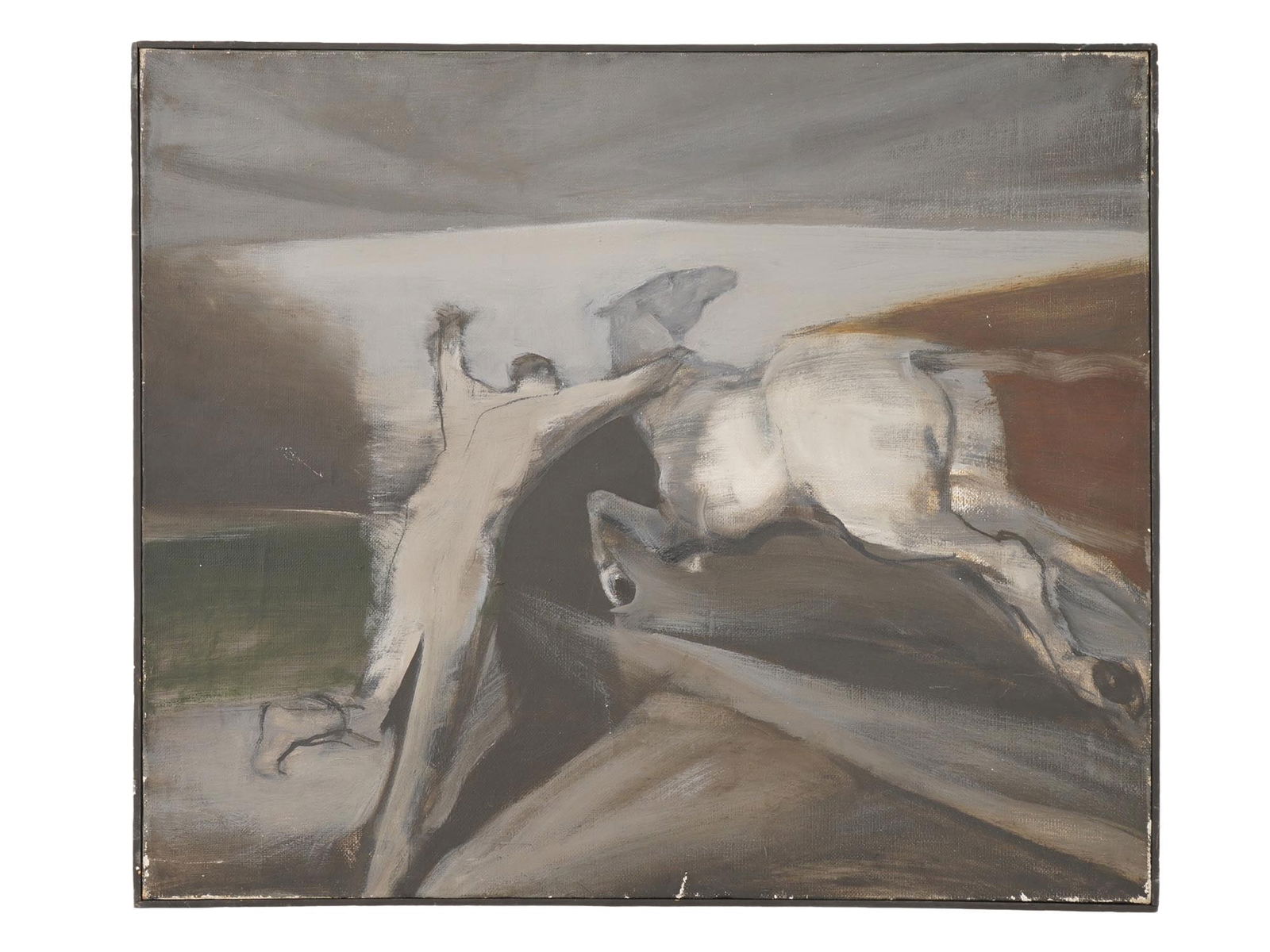 LATVIAN HORSE OIL PAINTING BY IVARS HEINRIHSONS: Ivars Heinrihsons, Latvian, born 1945, an oil painting on canvas, Taming the Horse. Framed. Stamped on the backside. A paper label of the Art Salon for Export of the USSR Art Fund, on the backside. Pr