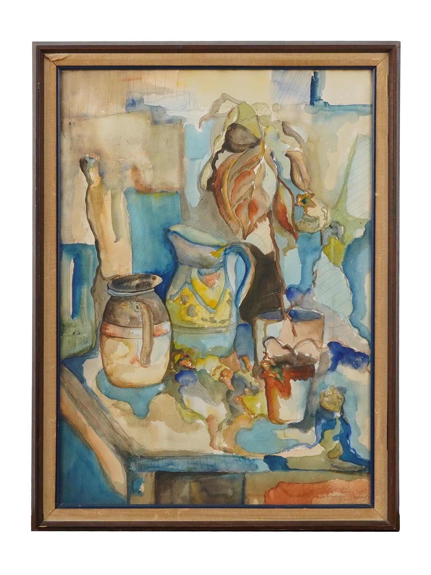 CONTEMPORARY WATERCOLOR PAINTING SIGNED BY ARTIST: A Contemporary watercolor painting on paper depicting a still life with a pitcher, a vase, and buckets. Signed by the artist, probably Alex Isley or Islov, and inscribed with the dedication, To Rachel
