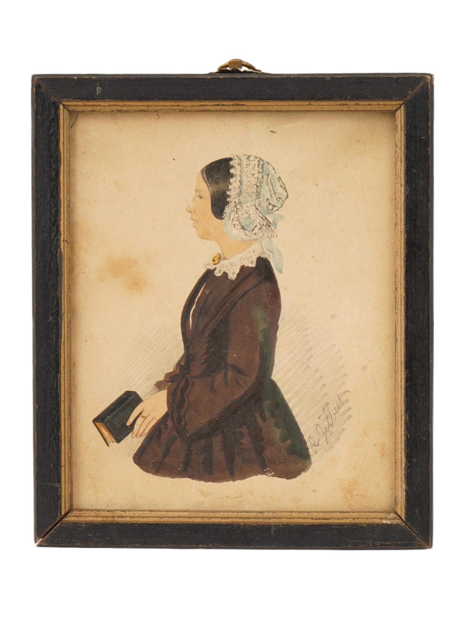 19TH C WATERCOLOR PAINTING IN MANNER OF JAMES ELLSWORTH: A 19th century miniature watercolor painting on paper depicting a portrait of a lady. Likely in the manner of James Ellsworth, 1802 to 1874. Signed lower right R. Gilbert and Inscribed James Ellsworth