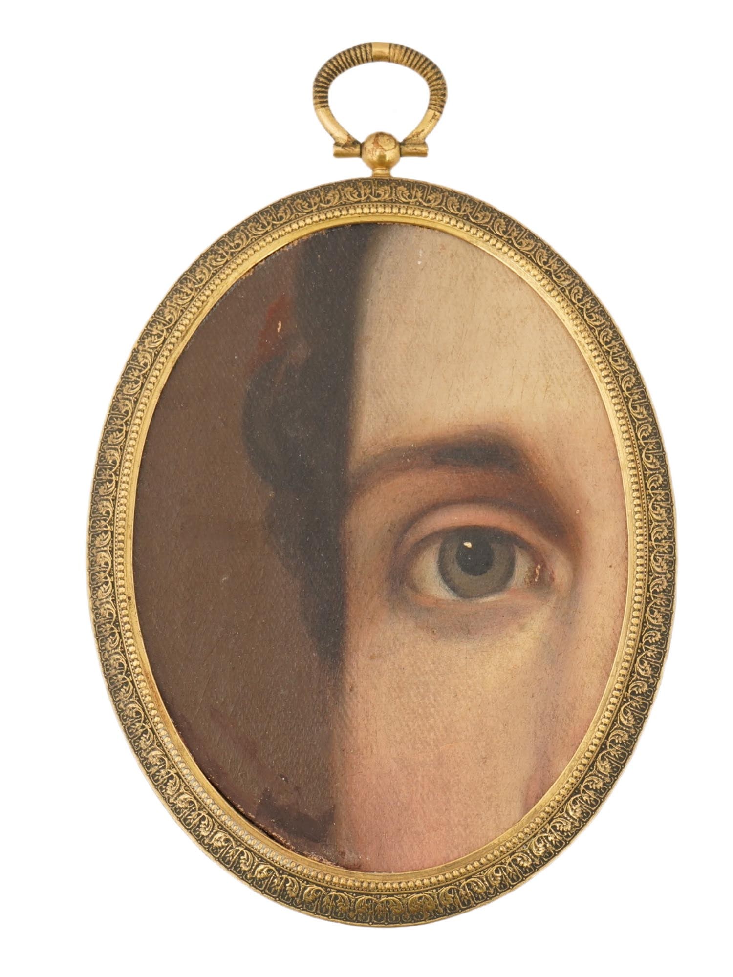 EUROPEAN LOVERS EYE OIL MINIATURE PAINTING FRAMED: A European School oval shaped Lovers Eye oil miniature painting on canvas mounted on board. These miniatures were used by couples in love to secretly exchange portraits when openly wearing a full leng