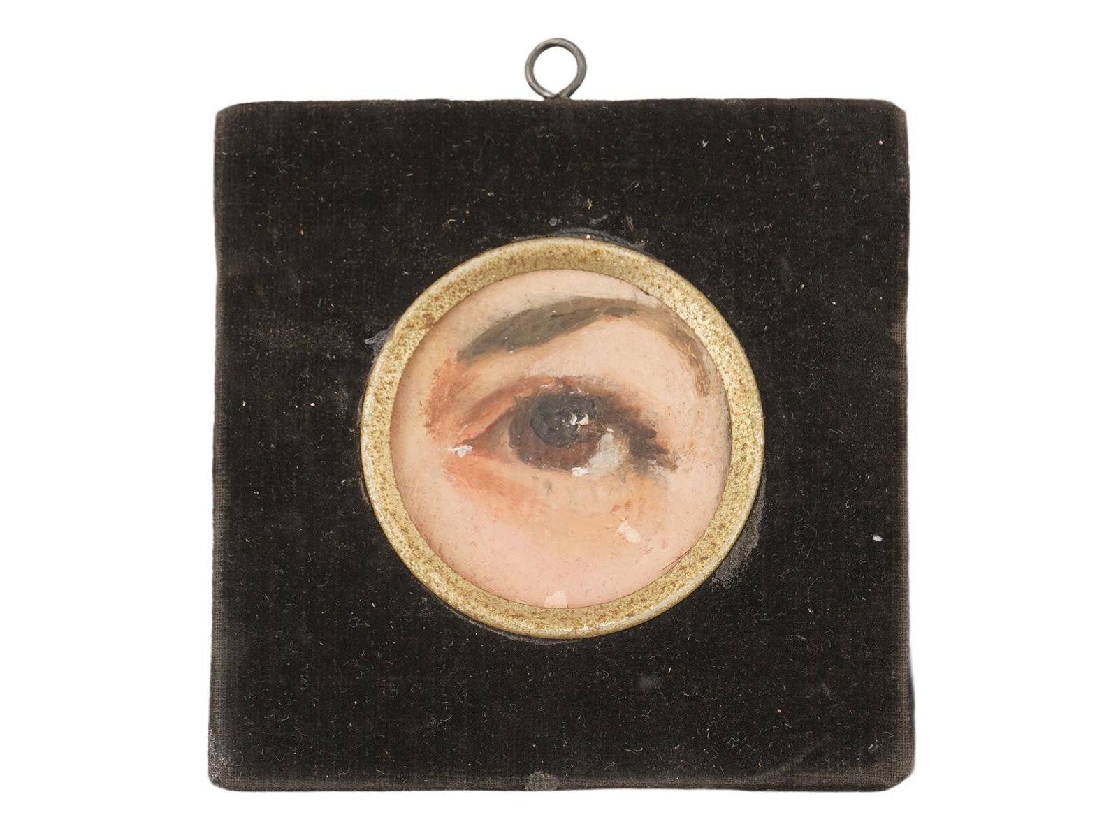 EUROPEAN LOVERS EYE OIL MINIATURE PAINTING FRAMED: A European School Lovers Eye oil miniature painting on canvas mounted on board. These miniatures were used by couples in love to secretly exchange portraits when openly wearing a full length portrait