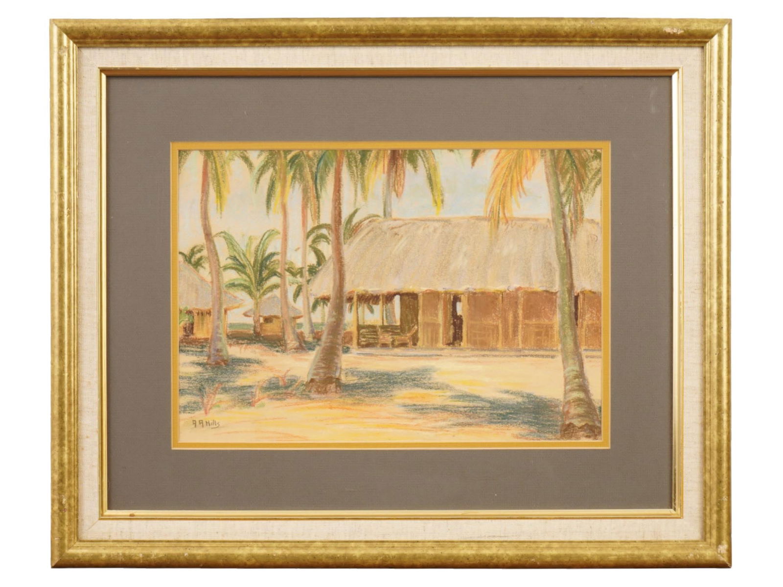 ANNA ALTHEA HILLS AMERICAN LANDSCAPE PASTEL PAINTING: Anna Althea Hills, American, 1882 to 1930, oil pastel on paper painting. View of seaside bungalows and palm trees. Signed in the lower left. Undated. Matted and framed. Anna Althea Hills was an Americ