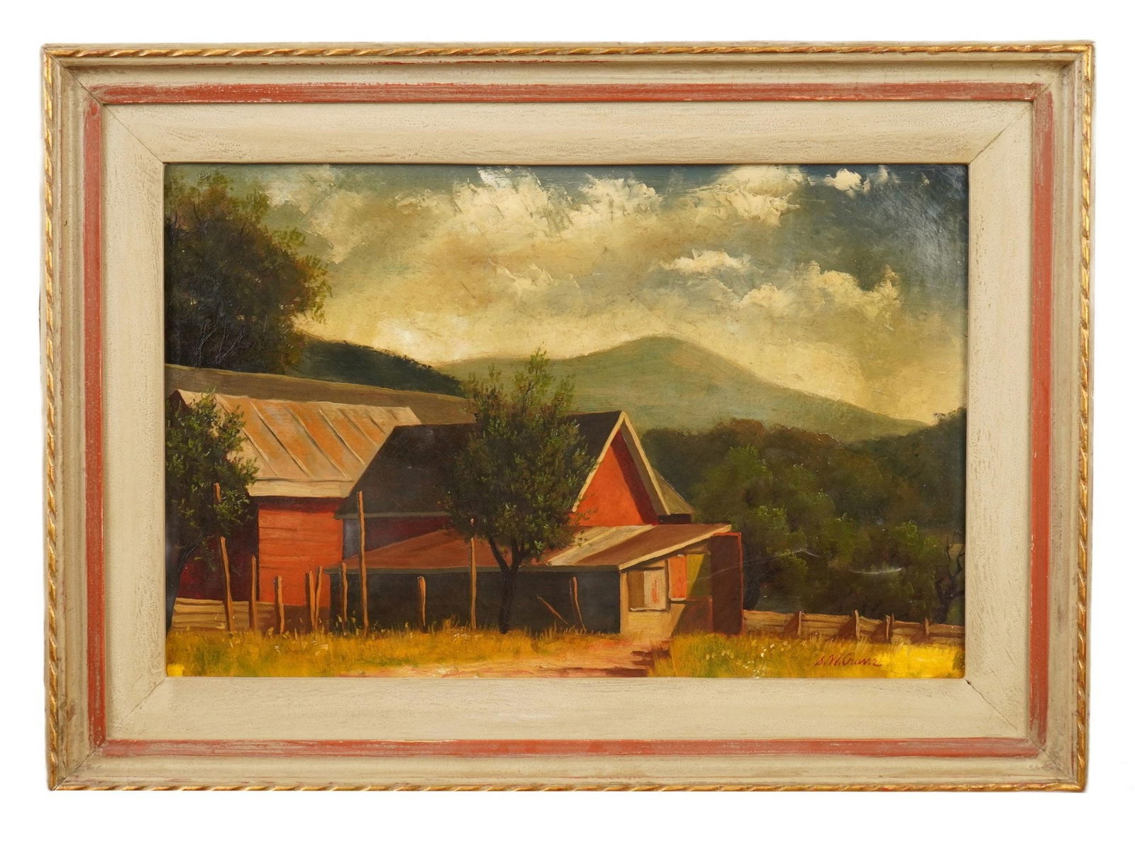 STANLEY WILLIAM CRANE AMERICAN LANDSCAPE PAINTING: Stanley William Crane, American, 1905 to 1973, oil painting on canvas depicting a rural landscape, centered on a red barn set within a pastoral setting. The composition reflects a traditional countrys