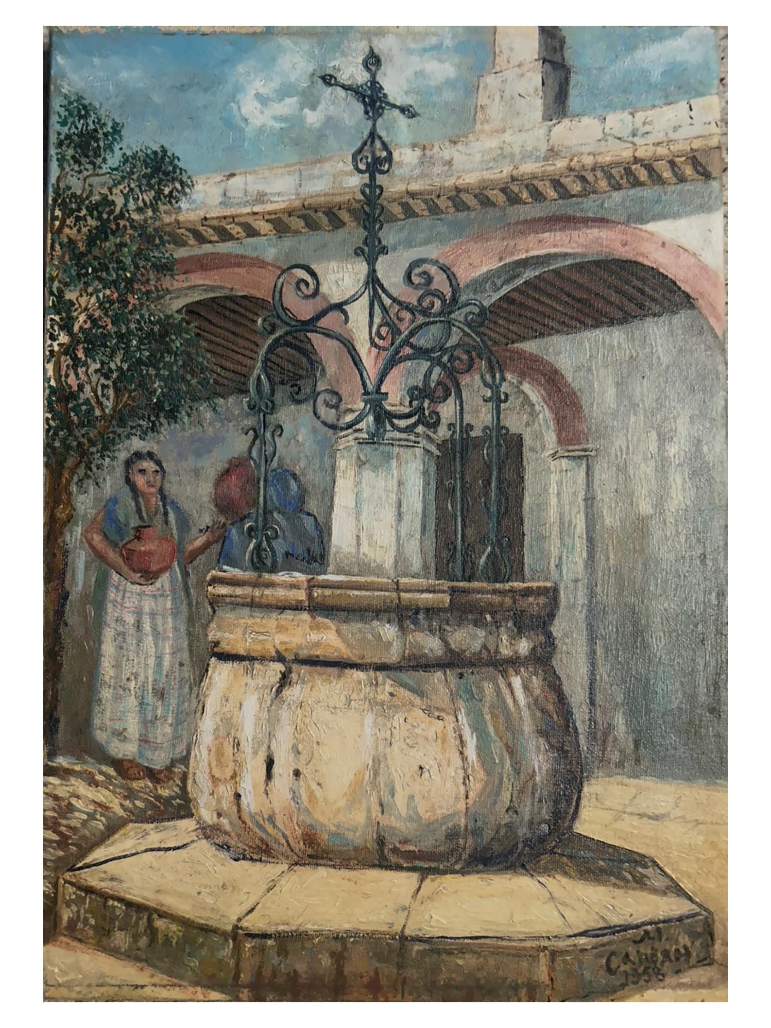 PAINTING ATTR TO MARTIROS SARYAN ARMENIAN COURTYARD: Attributed to Martiros Saryan, Armenian, 1880 to 1972, an oil painting on canvas, signed and dated lower right 1958, titled Armenian Courtyard. Saryan, a celebrated painter and founder of the modern A
