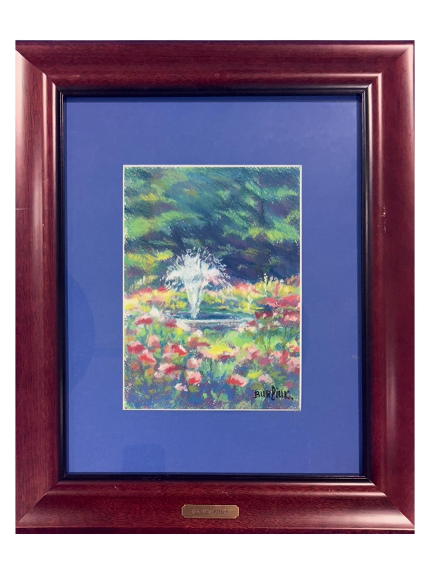 UKRAINIAN GOUACHE PAINTING BY DAVID BURLIUK W COA: David Burliuk, Ukrainian, Russian, American, 1882 to 1967, a gouache painting on paper, Fountain. Circa: 1950s. Signed lower right. Framed. A gold tone plate is on the front. Completed with a certific