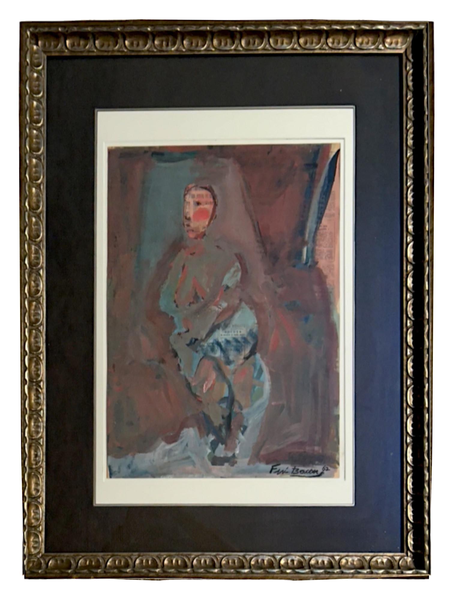 ATTR TO FRANCIS BACON BRITISH FEMALE NUDE PAINTING: Oil on paper painting, attributed to Francis Bacon, 1909 to 1992, an Irish-born British figurative painter known for his raw, unsettling imagery. The artwork is a sketch of a standing female nude. Sig