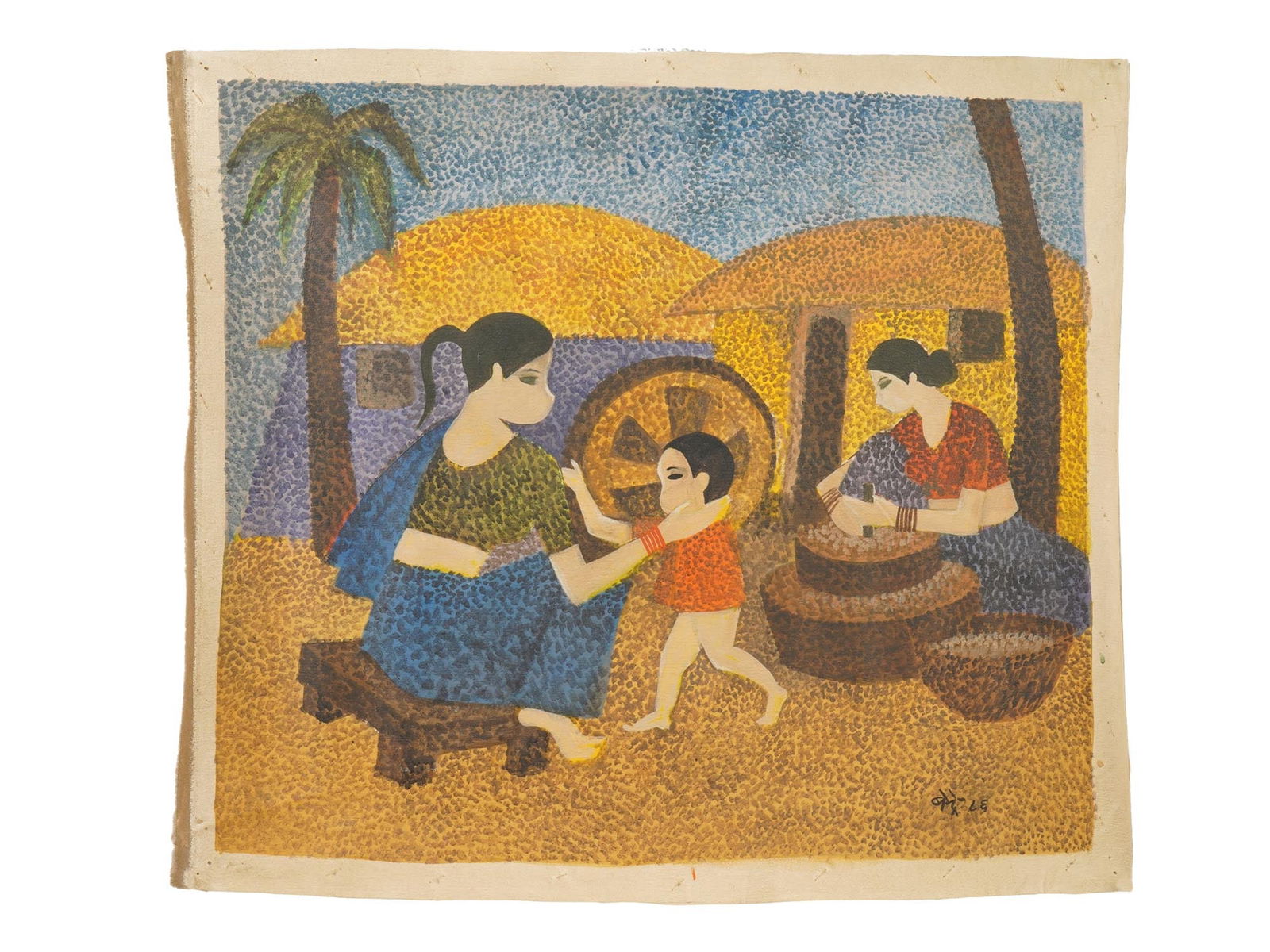 SIGNED NARAYAN SHRIDHAR BENDRE INDIAN ACRYLIC PAINTING: Signed Narayan Shridhar Bendre, Indian, 1910 to 1992, an oil painting on canvas. Signed lower right. Unframed. The scene depicts a domestic rural setting in India, showing two women engaged in the tra