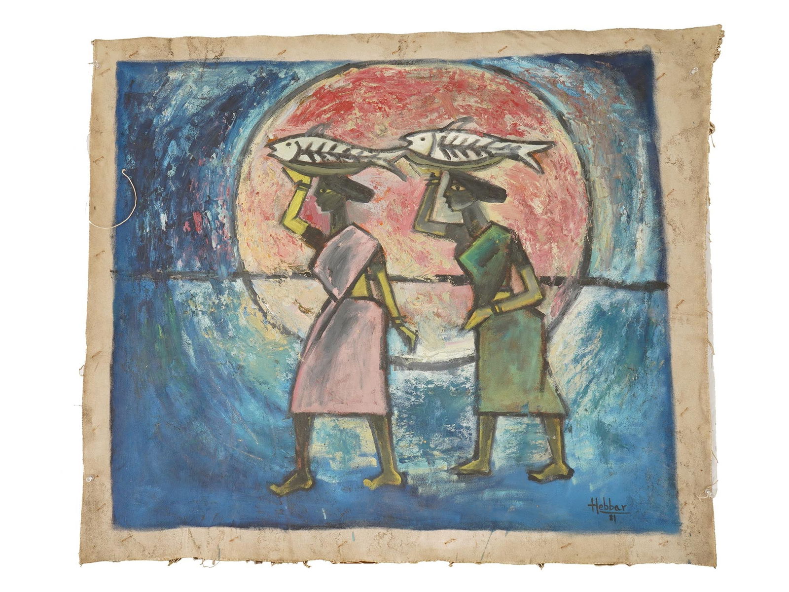 INDIAN PAINTING SIGNED KATTINGERI HEBBAR TWO WOMEN: An Indian School oil painting on canvas signed Hebbar and dated 1981. Depicts two women carrying fish baskets beneath a stylized sun. Kattingeri Krishna Hebbar was an Indian painter and art educator.