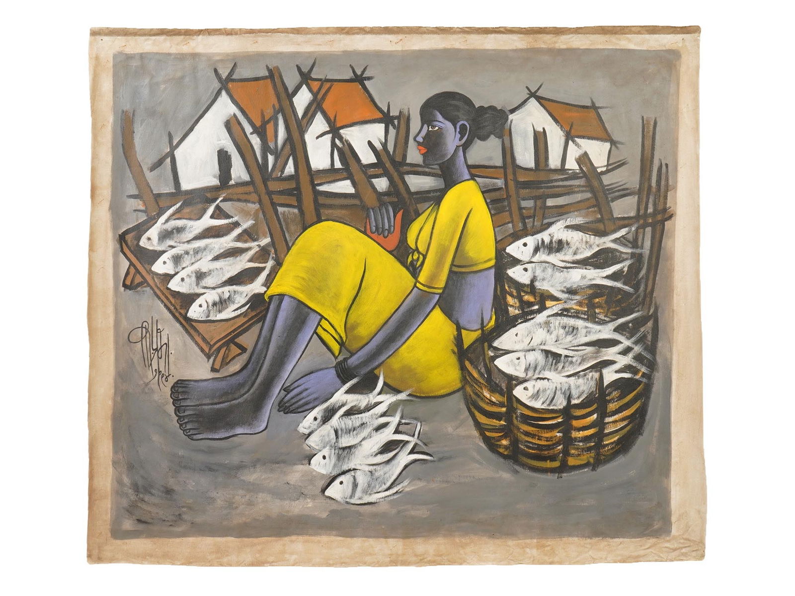 INDIAN WOMAN OIL PAINTING SIGNED B PRABHA WITH COA: An oil painting on canvas depicting a portrait of a fisher woman, 1994. Signed, B. Prabha, and dated, to the center left. Completed with a certificated of authenticity, signed. B. Prabha is known for