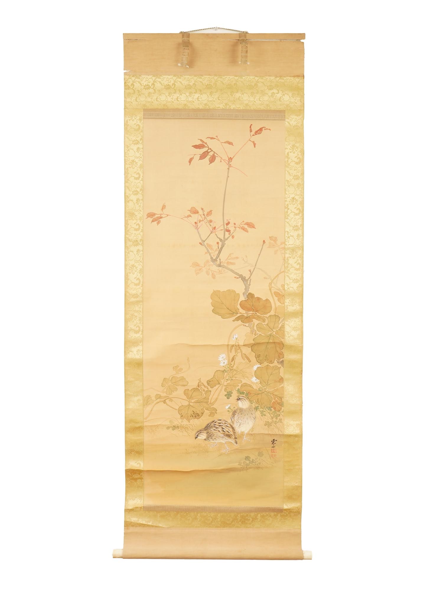CHINESE HANGING SCROLL PAINTING ON SILK W BIRDS: A Chinese hanging scroll painting executed on silk, featuring a scene with birds in the foliage. Signed lower right and on the back side. The artwork is mounted on traditional silk fabric with a decor