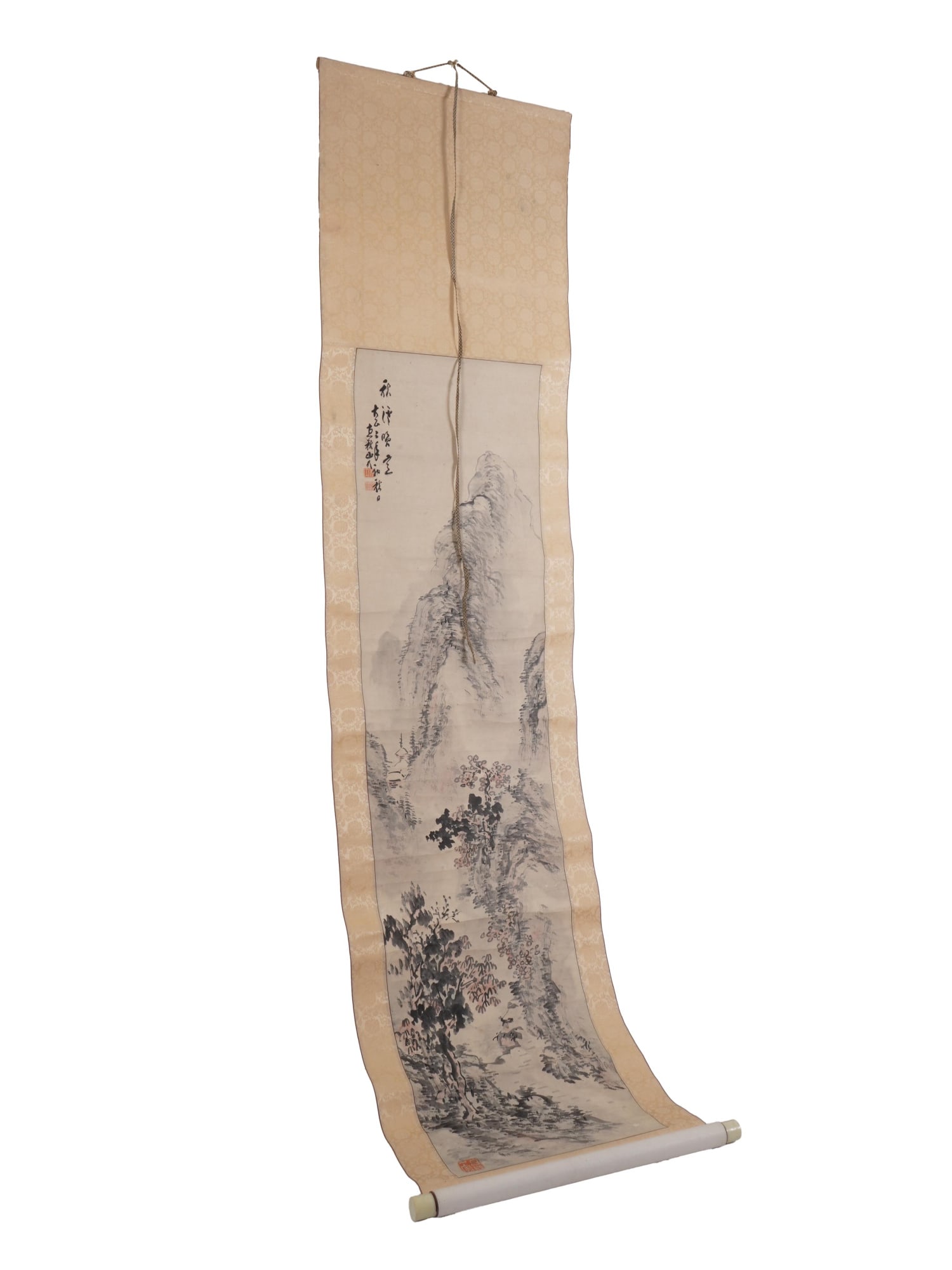ANTIQUE EAST ASIAN HANGING SCROLL LANDSCAPE PAINTING: An antique East Asian hanging scroll painting, executed in the Chinese or Japanese tradition, depicting a tranquil mountain landscape with trees rendered in ink. The composition reflects the shan shui
