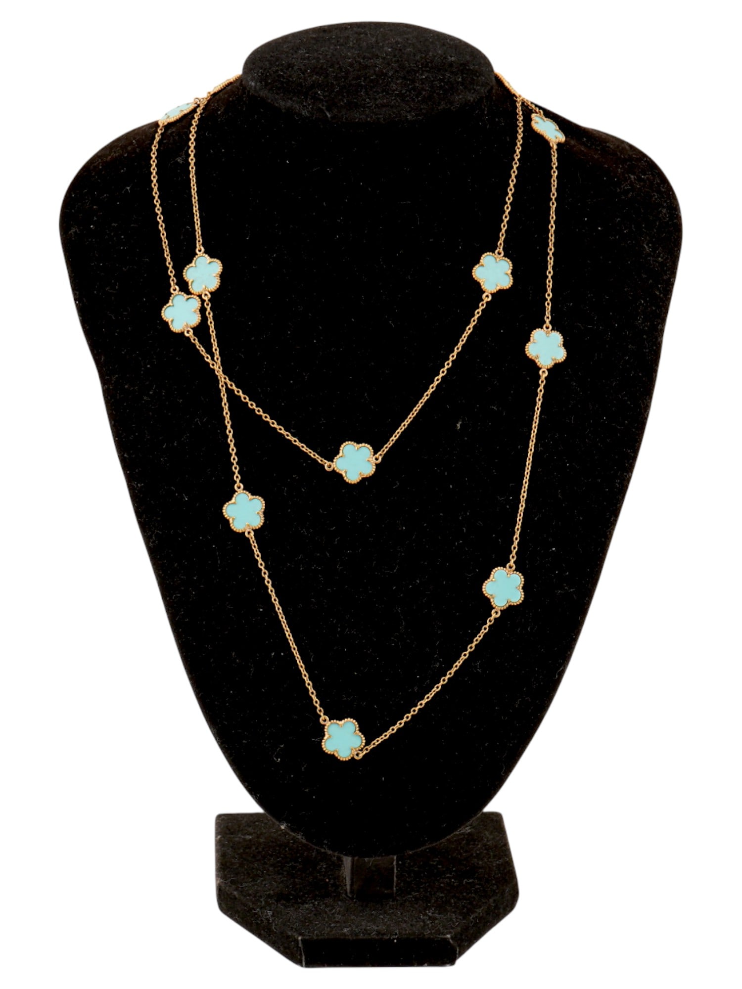 VINTAGE GOLD TONE ENAMEL NECKLACE W FLOWER DESIGN: A vintage long gold tone enamel necklace. The necklace features a thin gold-tone chain interspersed with turquoise enamel flower-shaped decorative elements. Vintage Ladies Necklaces, Costume Jewelry W