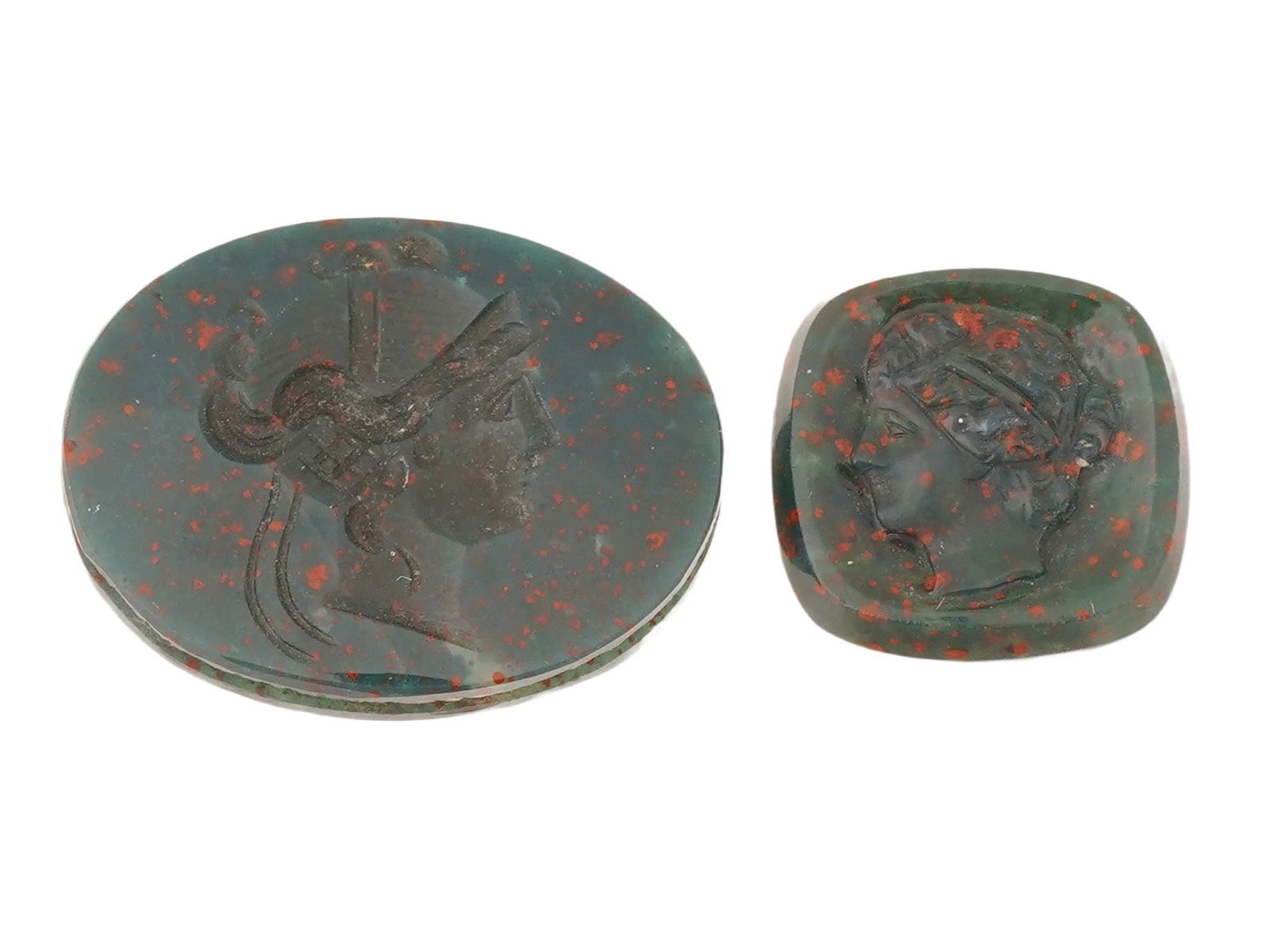 LOT OF TWO ANTIQUE HAND CARVED STONE PORTRAITS CAMEOS: A lot of two antique hand-carved stone oval and rectangular shaped cameos. Adorned with female profile portraits. Collectible Gemstone Carvings, Sculpture, Glyptic Art, Jewelry. THIS LOT IS ELI