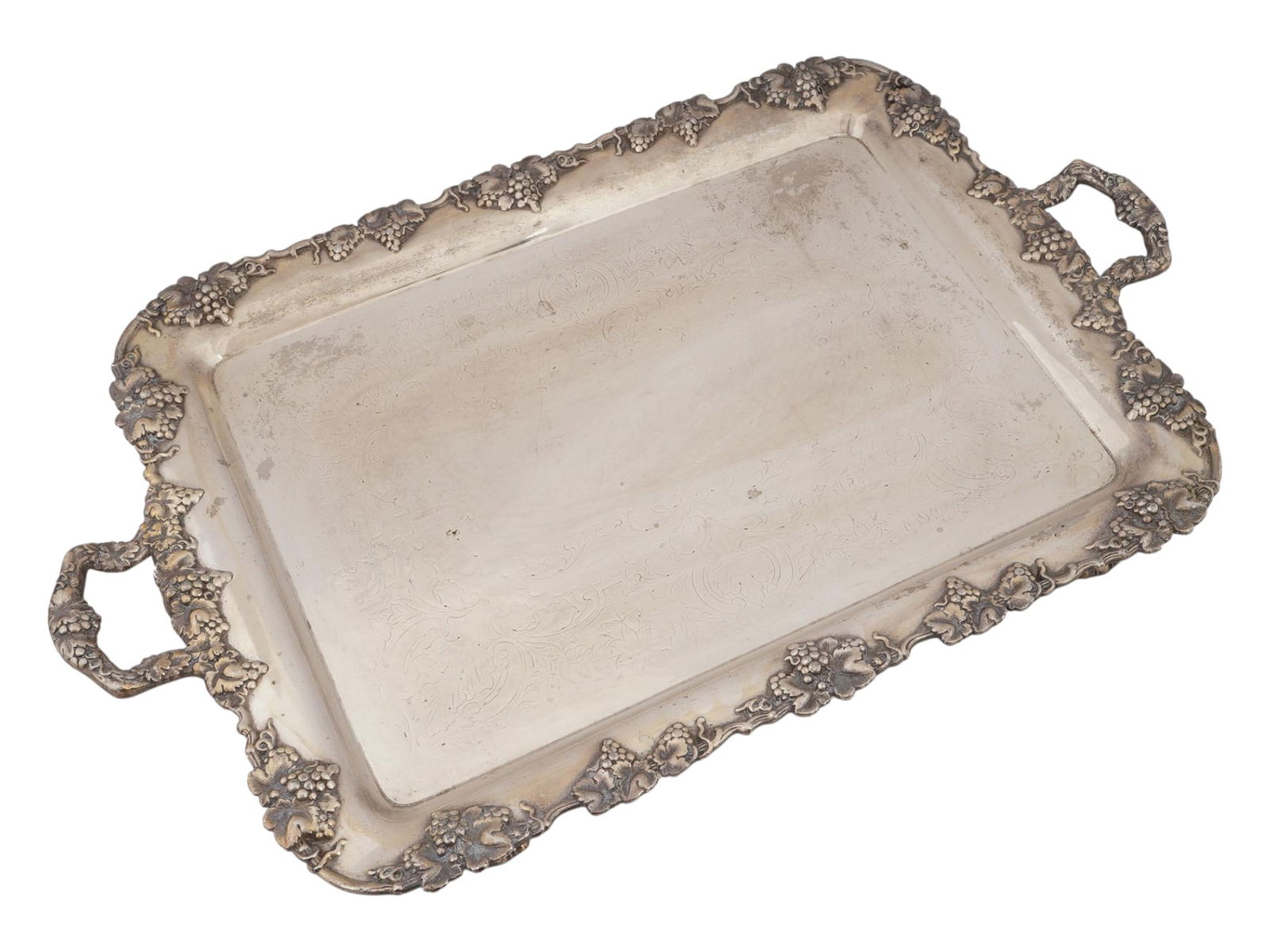 LARGE HEAVY SILVER PLATED TRAY WITH GRAPE VINE DESIGN (1 of 3)