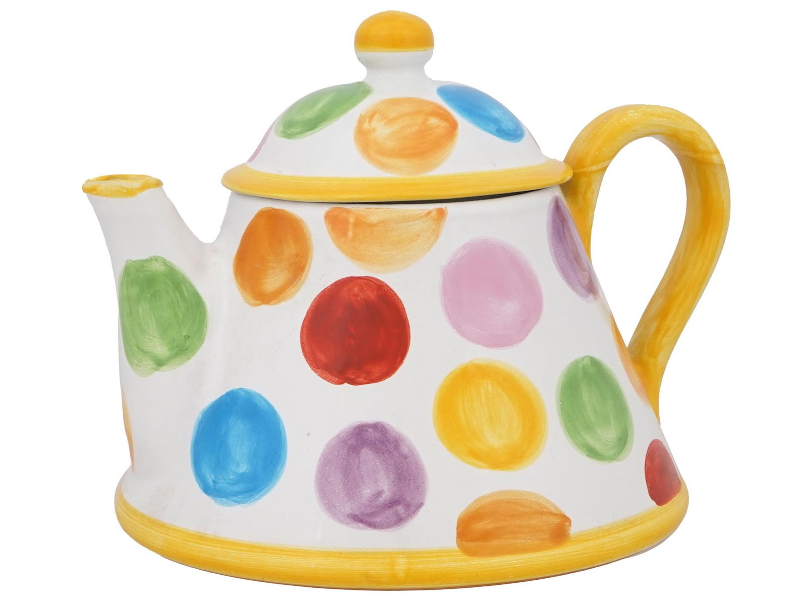 VTG FRENCH CERAMIC HAND PAINTED TEAPOT BY FESTIN COQUIN: A vintage French ceramic hand painted teapot by Festin Coquin. The short spout teapot with a lid has a light, cheerful design and is decorated with large colored polka dots on the white surface. Yello