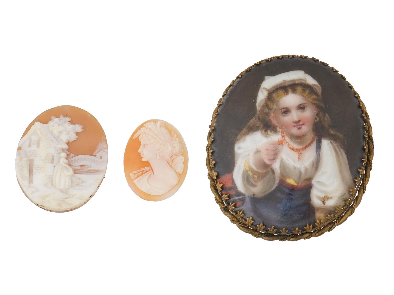 VICTORIAN PORCELAIN MINIATURE PAINTING AND SHELL CAMEOS (1 of 6)